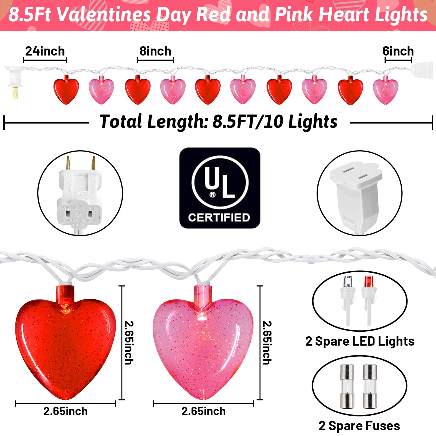 8.5Ft Red & Pink Heart String Lights, Valentine'S Day Decorations Lights With 10 Led Red Pink Glitter Heart Lights, Connectable