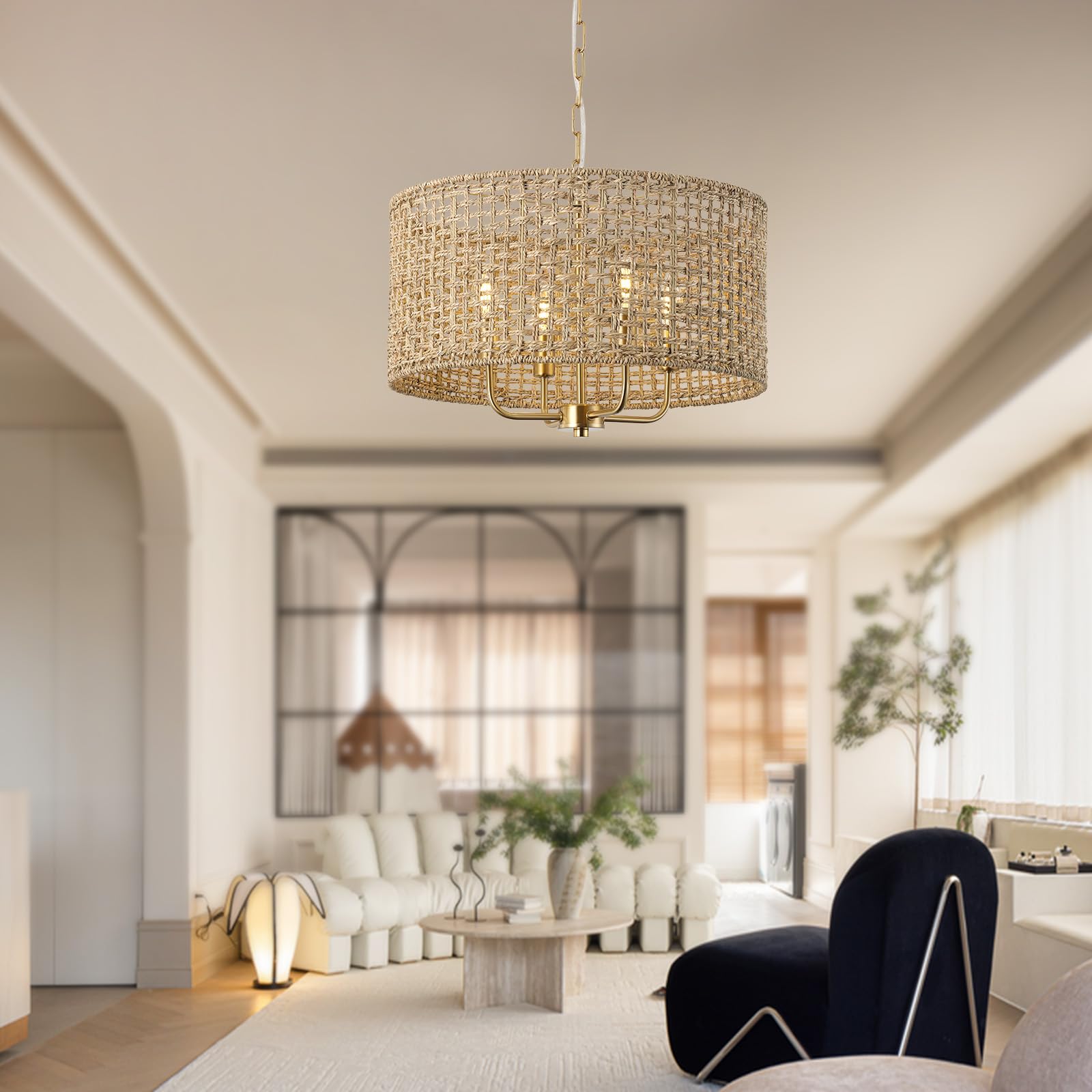 Giutna Rattan Drum Chandelier, 4-Light Bohemian Pendant Light Fixture, Gold, Hand-Woven for Dining Room, Entryway, Living Room, CHANDELIER02