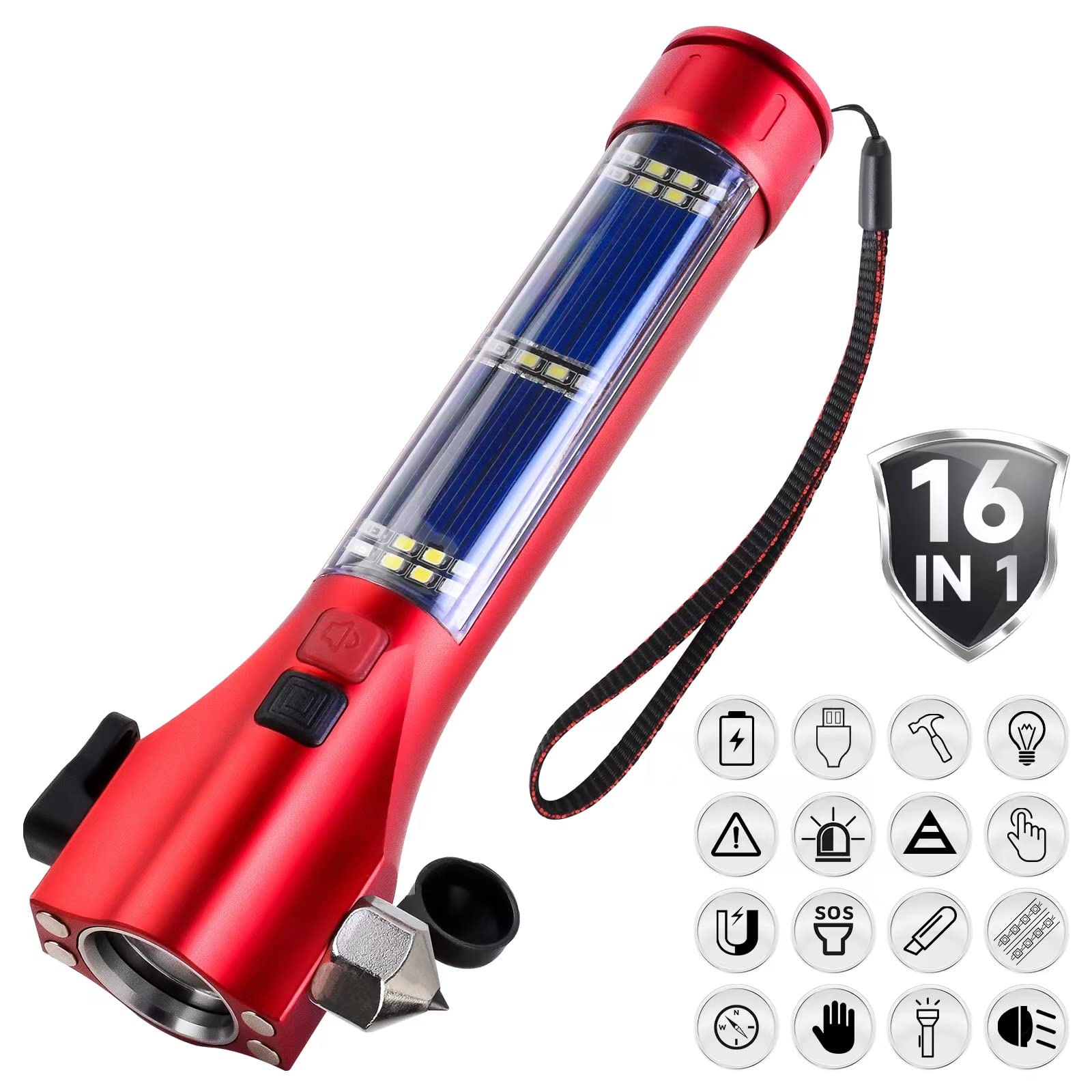Unicumoo Car Flashlights for Emergencies, Window Breaker Seatbelt Cutter Multifunction Solar Flashlights, Waterproof LED Flashli