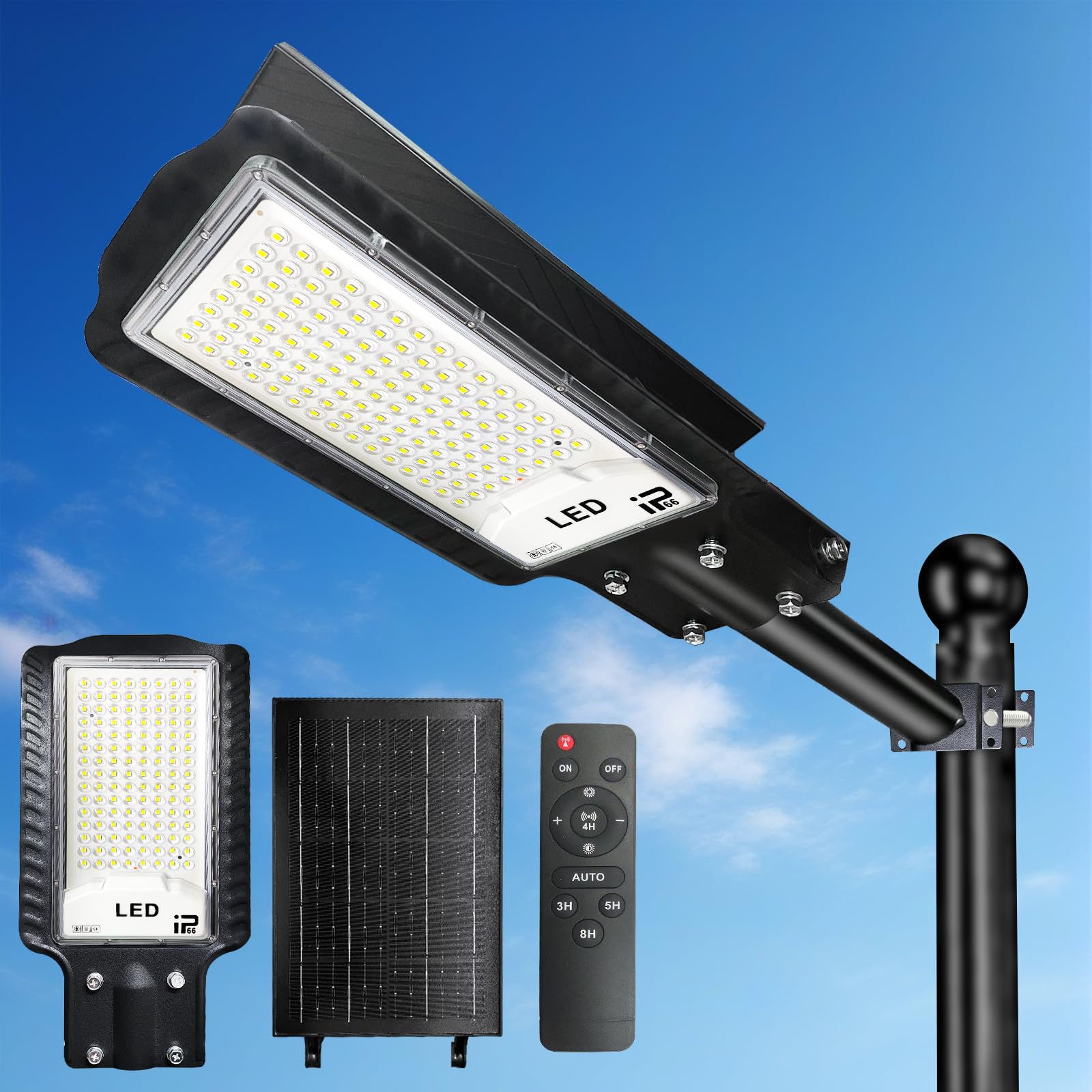 Indmird Solar Street Light, 20000LM, IP66 Waterproof, Motion Sensor, Remote Control, Aluminum, White Light, Model CHX003