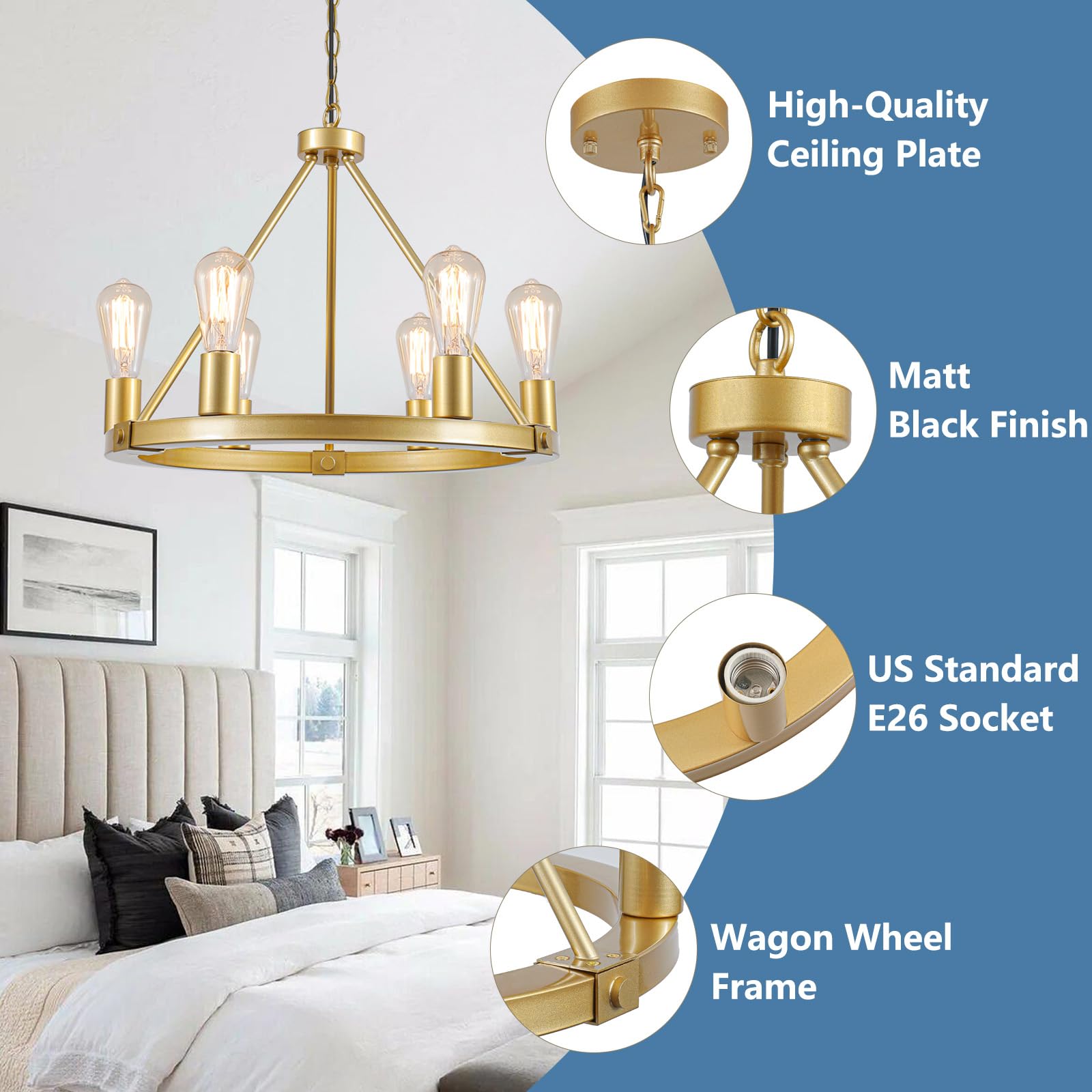 9Mmml Gold Wagon Wheel Chandelier, 6-Light Industrial Pendant Light, 20'' Farmhouse Ceiling Hanging Chandelier Light Fixture For