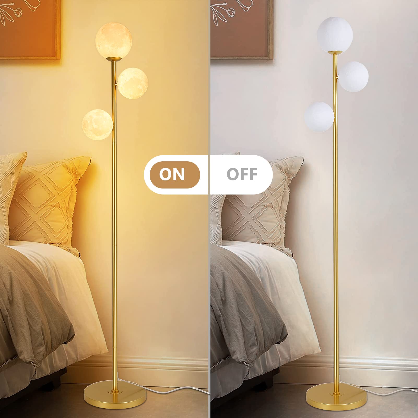 3 Globe Moon Floor Lamp For Living Room, Modern Gold Floor Lamp With 3D Printing Frosted Shade And Led Bulb, Mid Century Standin
