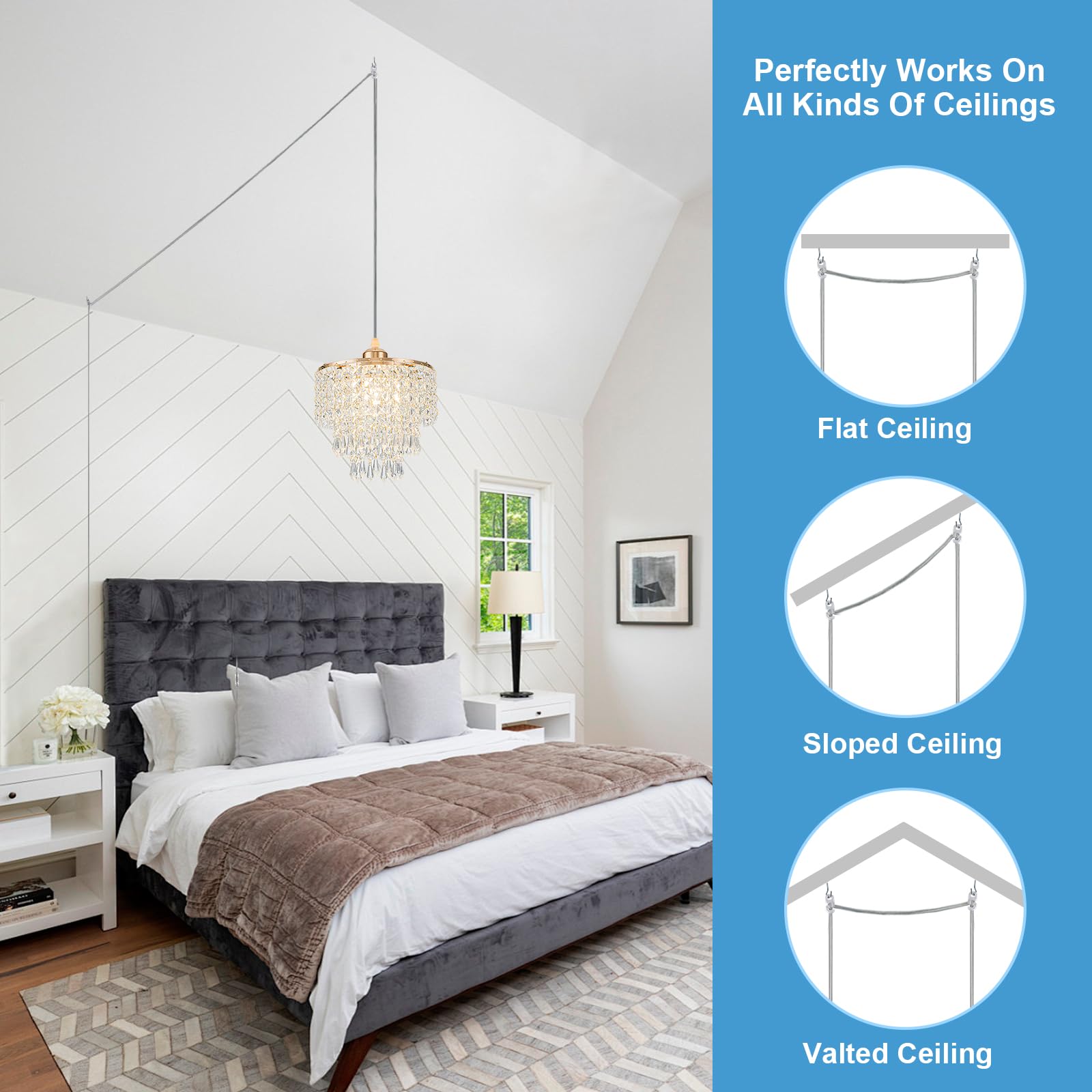 8'' Plug In Pendant Light Corded Hanging Lights With Plug In Cord Hanging Lamp Plug In With 16.4 Ft Cord Mini Chandelier For Bed