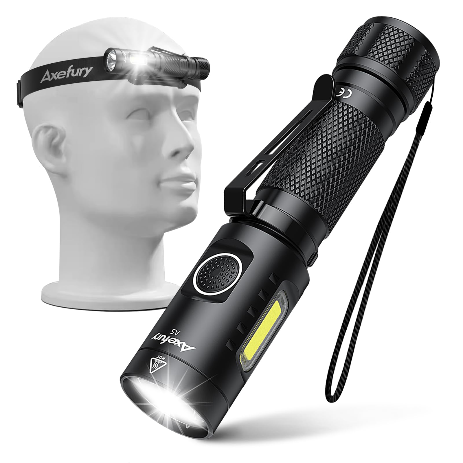 axefury Flashlight,Magnetic LED Flashlight,EDC Handheld Flashlight with Removable Headband,6 Modes,Dual Fuel, A5 for Camping, Em