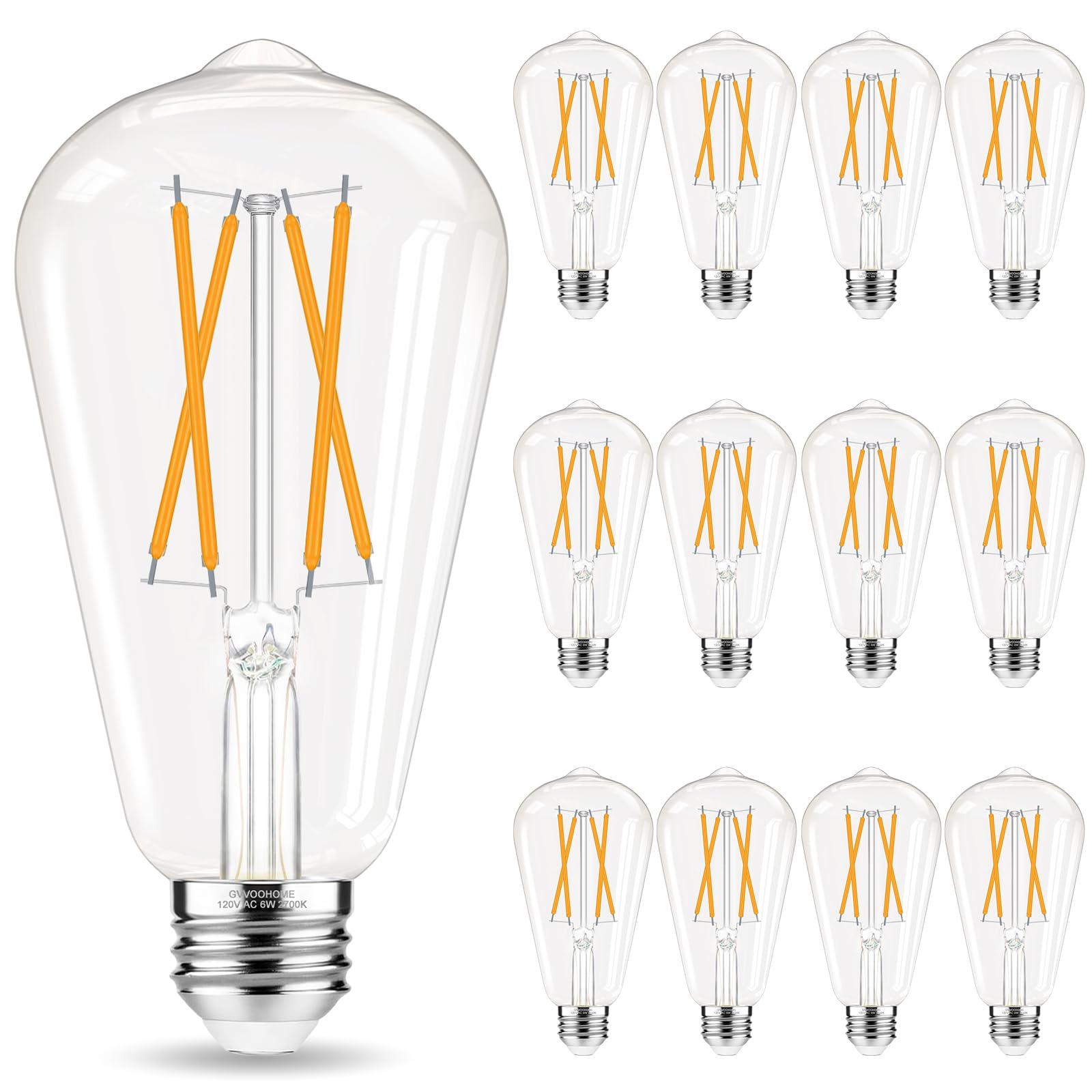 Gvvoohome Edison Bulbs, E26 Led Bulb 60 Watt Non-Dimmable, Soft White 2700K, St58 Vintage Light Bulbs, 90+ Cri, 6W 600Lm, E26 Me