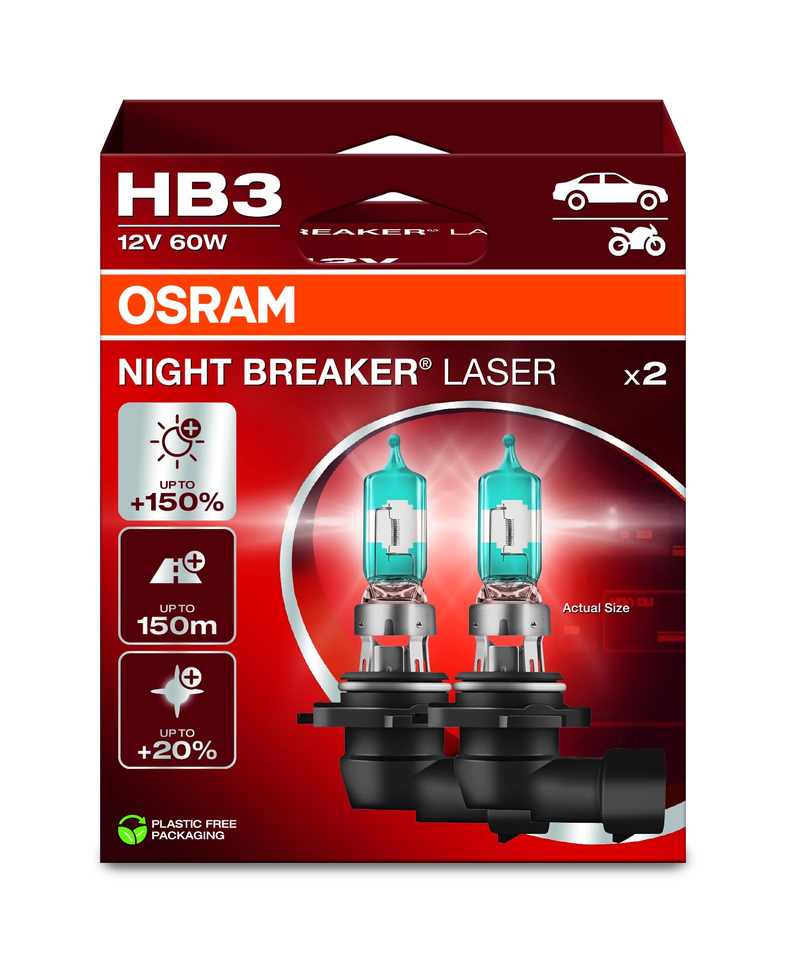 Osram Night Breaker Laser Hb3, +150% More Brightness, Halogen Headlight Bulb, 9005Nl-2Hb, 12 V Car, Hanging Box (2 Lamps), White