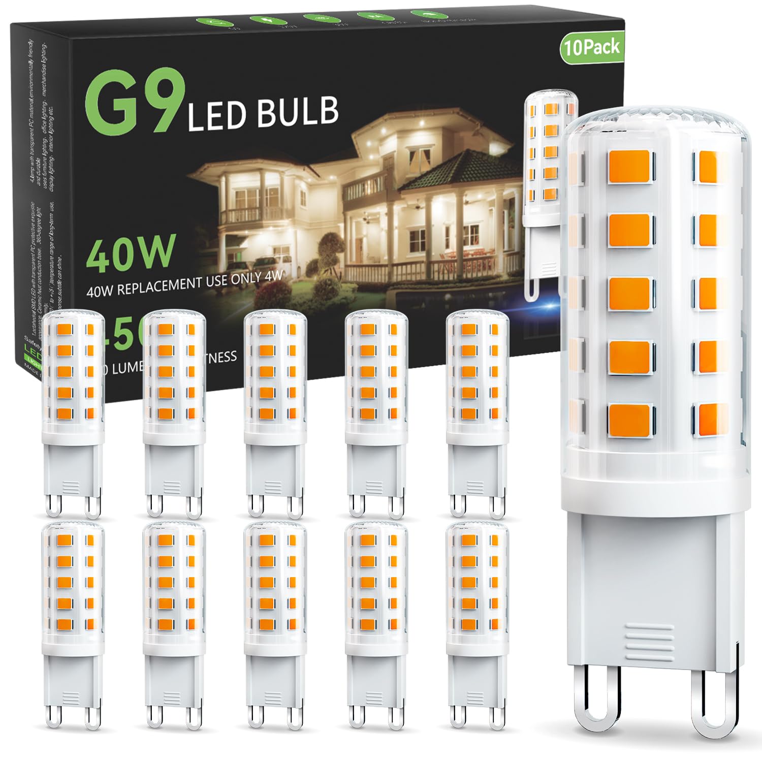 Tjoy G9 Led Bulb 4W, 2700K Soft Warm White 10 Pack, Equivalent 40 Watt T4 G9 Halogen Replacement, G 9 Bi-Pin Base Light Bulbs Fo