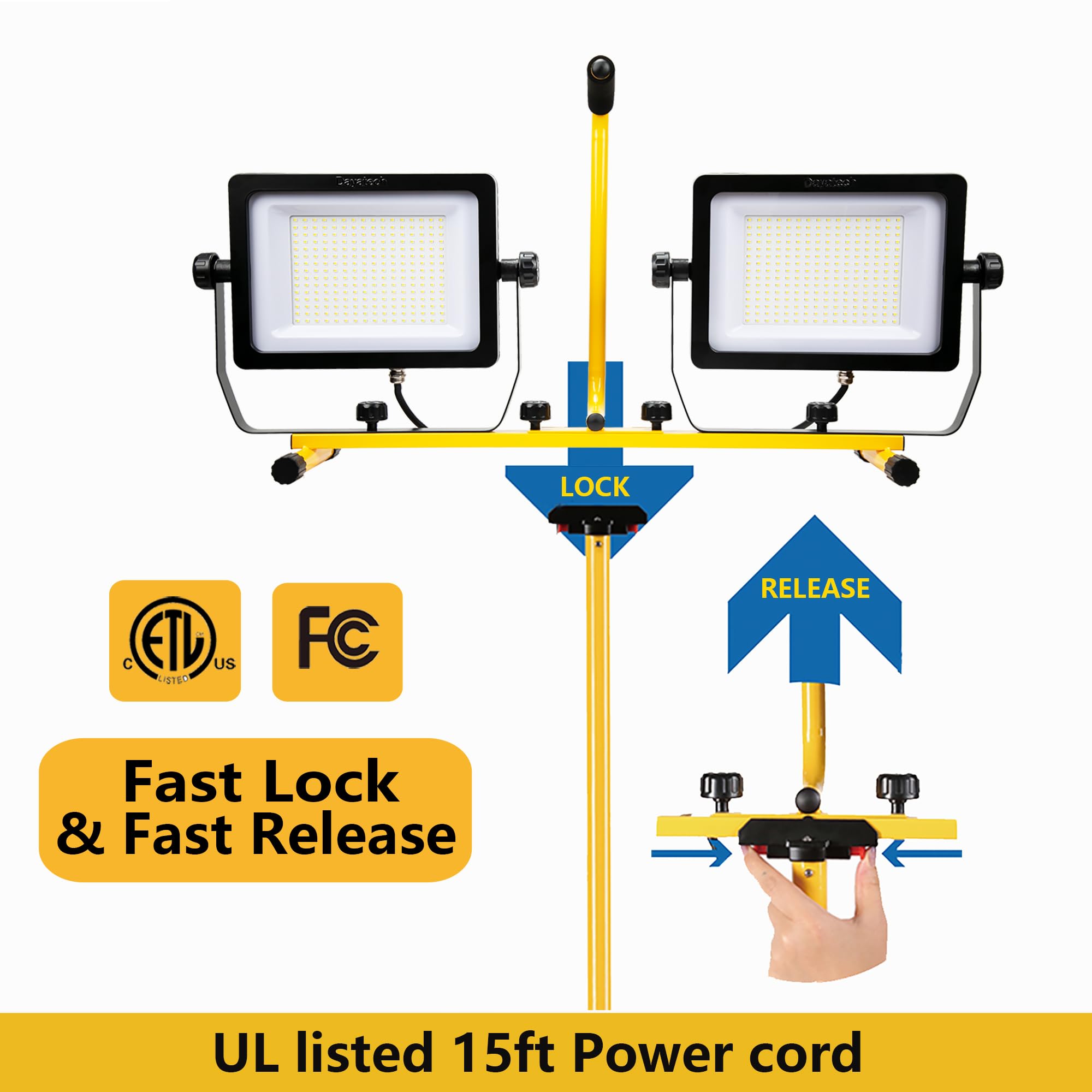 DAYATECH Dual-Head LED Work Light, 270W, 30000 Lumen, IP65 Waterproof, Extra Large, Yellow and Black, Includes Tripod Stand