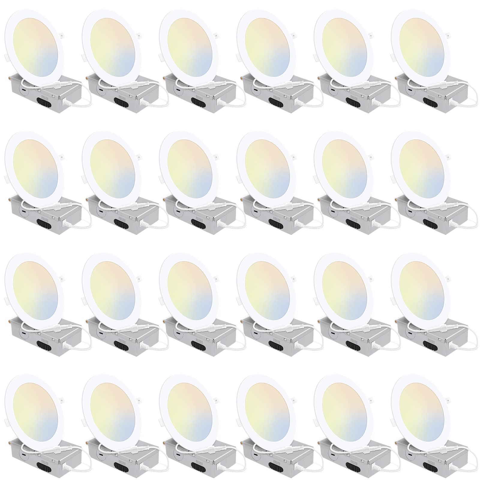 24 Pack 5Cct Ultra-Thin Led Recessed Lighting 6 Inch, Downlight With Junction Box, 2700K/3000K/4000K/5000K/6500K Selectable, 12W 110W Eqv, Dimmable Wafer Lights, 1050Lm Canless Led Recessed Light, Etl