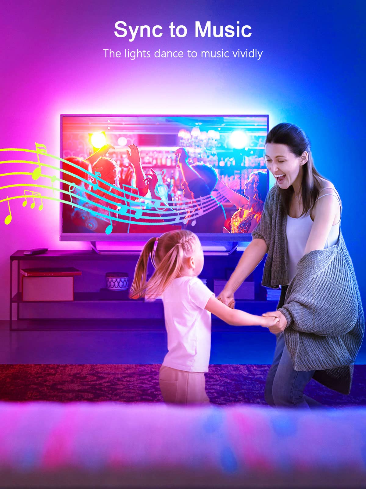 KANTUTOE LED TV Backlight Strip Lights, 23ft for 70-100" TVs, RGB, Music Sync, Remote & Bluetooth Control, Multicolor, Model ssg-002