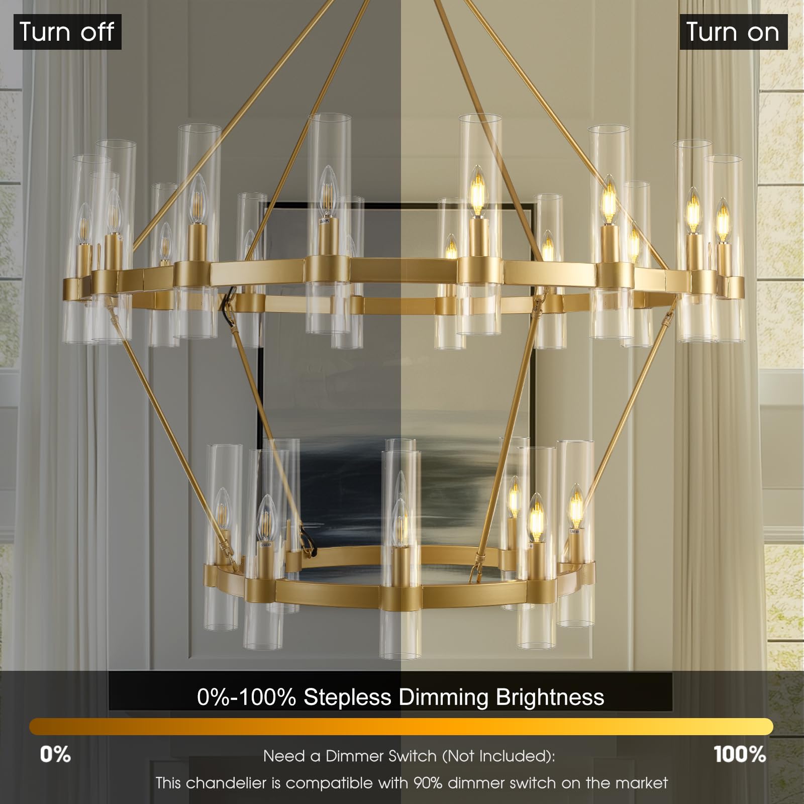 Gold Wagon Wheel Chandelier 2 Tier, 60 Inch Chandeliers With Glass Shade, 30-Light Large Chandelier For High Ceiling, Modern Far