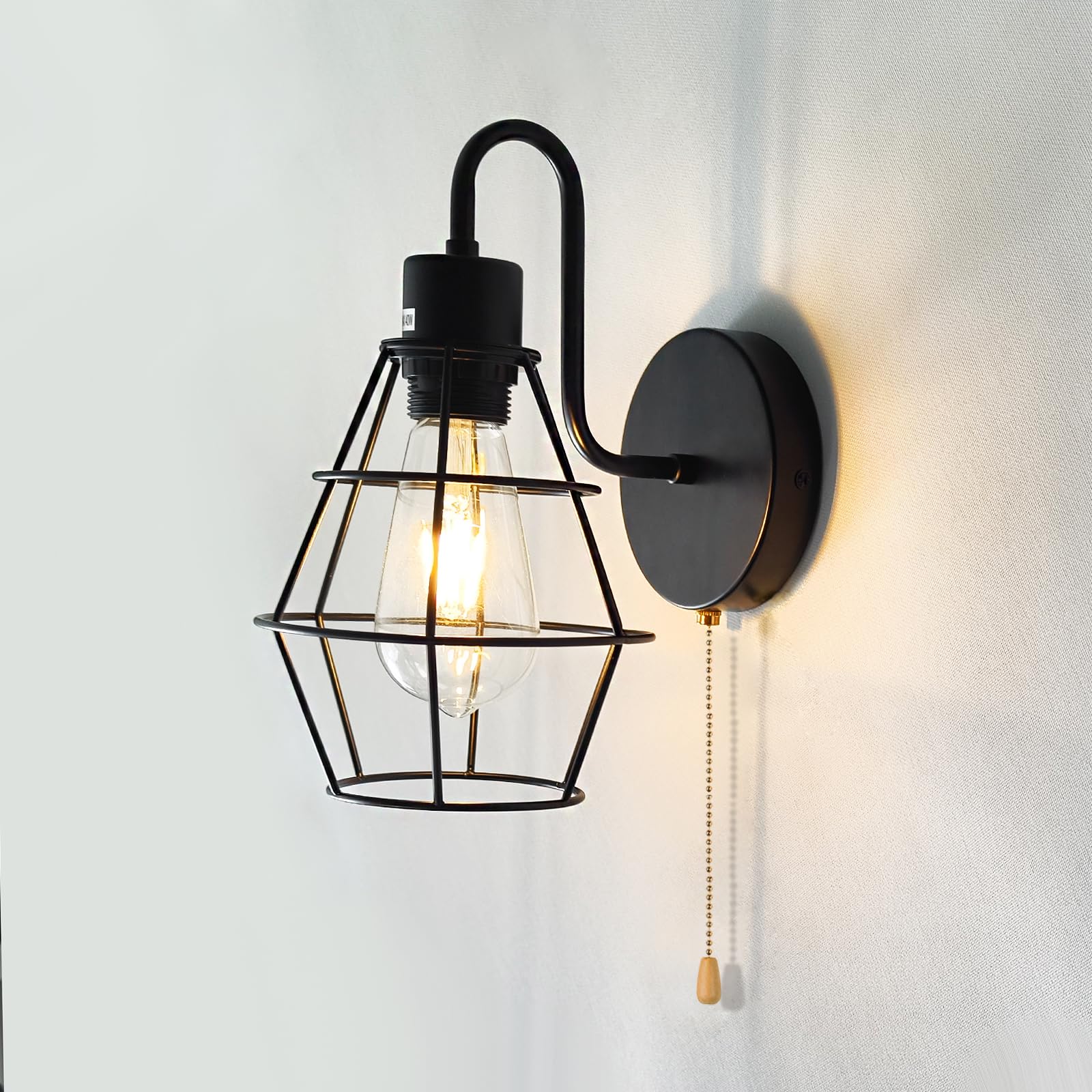 DTIEDY Wall Sconce 2-Pack, Hardwired Metal Fixture with Pull Chain, Vintage Black E26 Lighting for Living Room & Bedroom