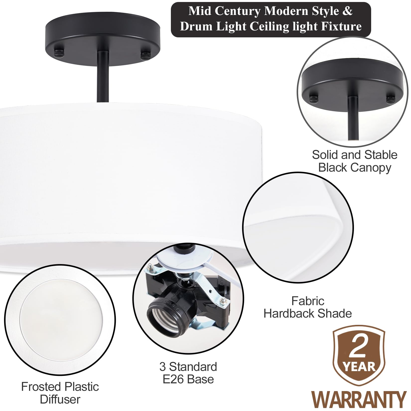 Bargeni 13&quot; Black Semi Flush Mount Ceiling Light Fixture, Modern 3-Light For Bedroom & Hallway