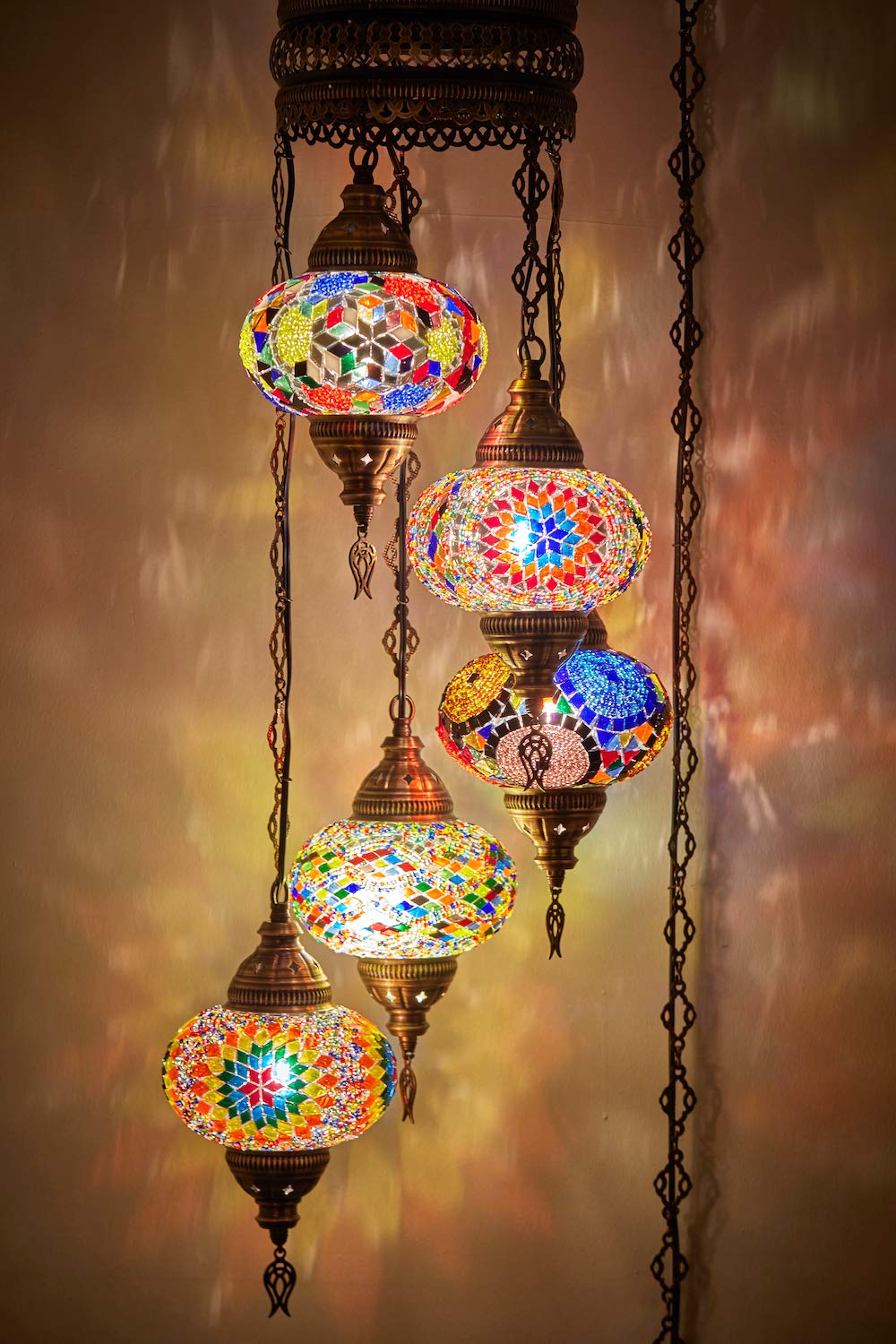 DEMMEX 5-Large 7'' Moroccan Mosaic Plug-in Chandelier, Colorful Glass Pendant Light, Ethereal White, Swag5- Model