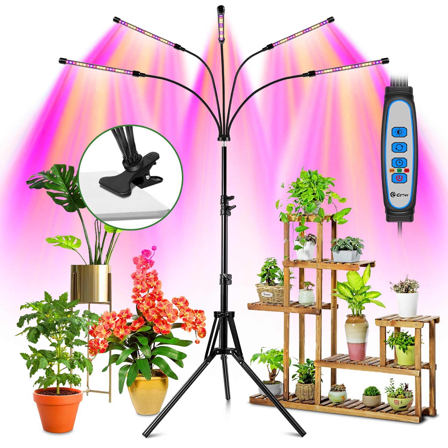Wolezek Grow Lights For Indoor Plants, Full Spectrum Led Plant Grow Light With Adjustable Stand And Sturdy Clip, 5-Heads Plant Light With Auto 6/12/16H Timer, 3 Light Modes, 5 Levels Dimmable