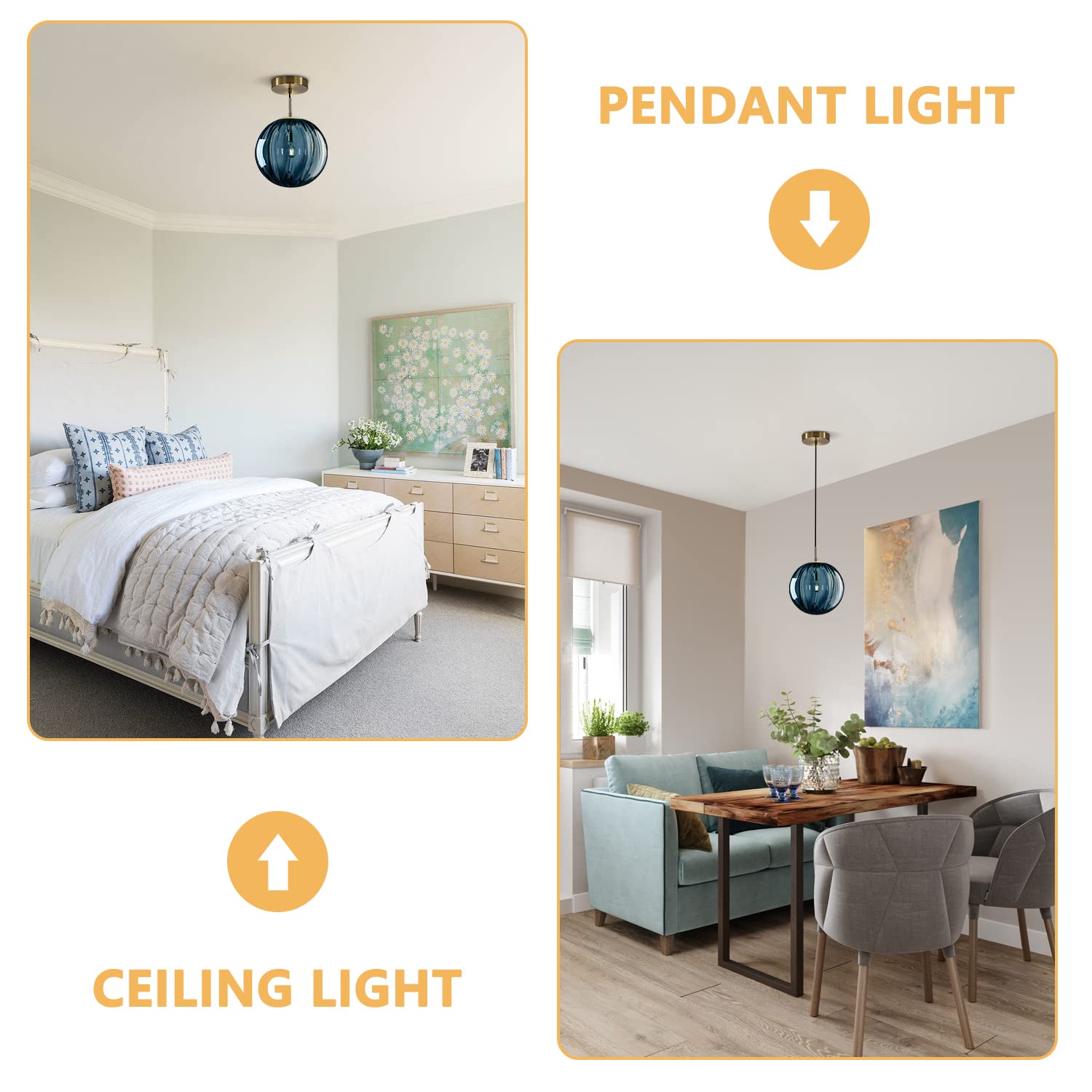 KCO Lighting Modern Pendant Light - 1-Light Ribbed Glass Fixture - 9.8in - Blue - Metal - Model L1124-Blue-L