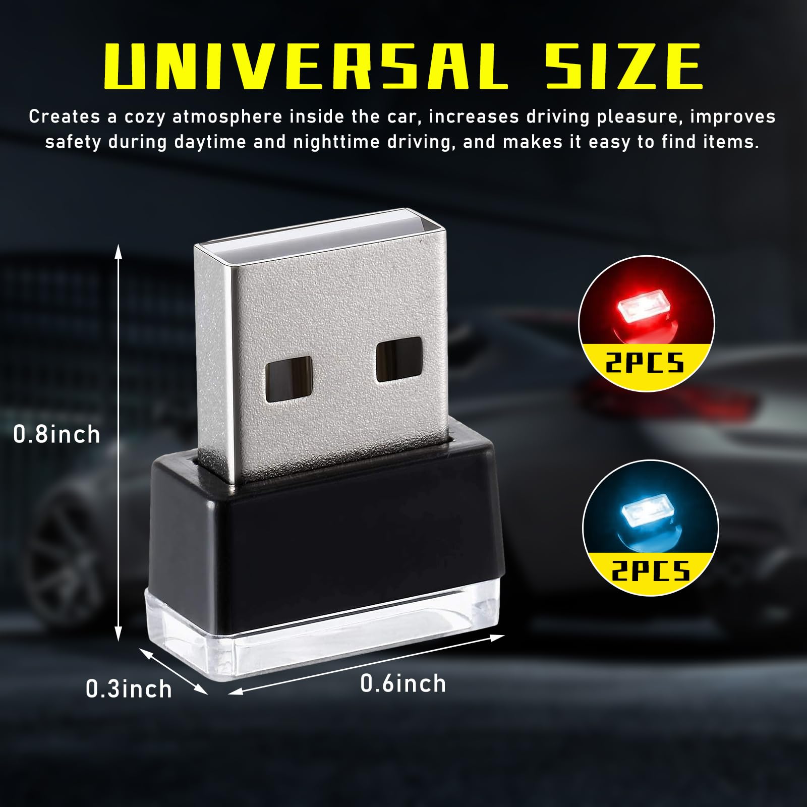 Augeny USB LED Car Interior Atmosphere Lamp Kit - 4 PCS Portable Night Light, 2 Red + 2 Ice Blue, Universal Vehicle Accessories