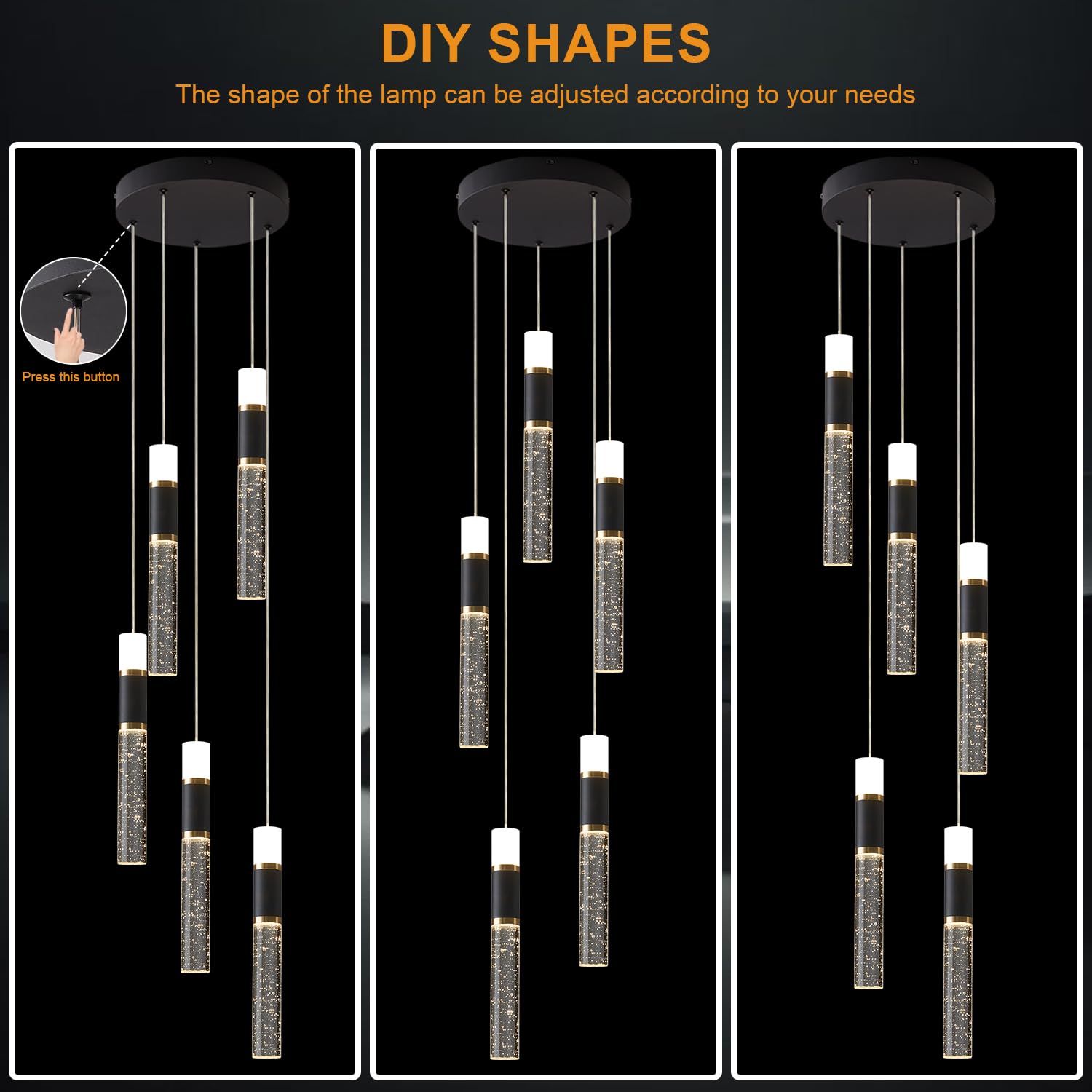 EMBRING 5-Light Pendant Light Fixtures, Dimmable Modern LED Chandelier, Black and Gold, Classic Style, Model SW001-StDBykl-bg-5light