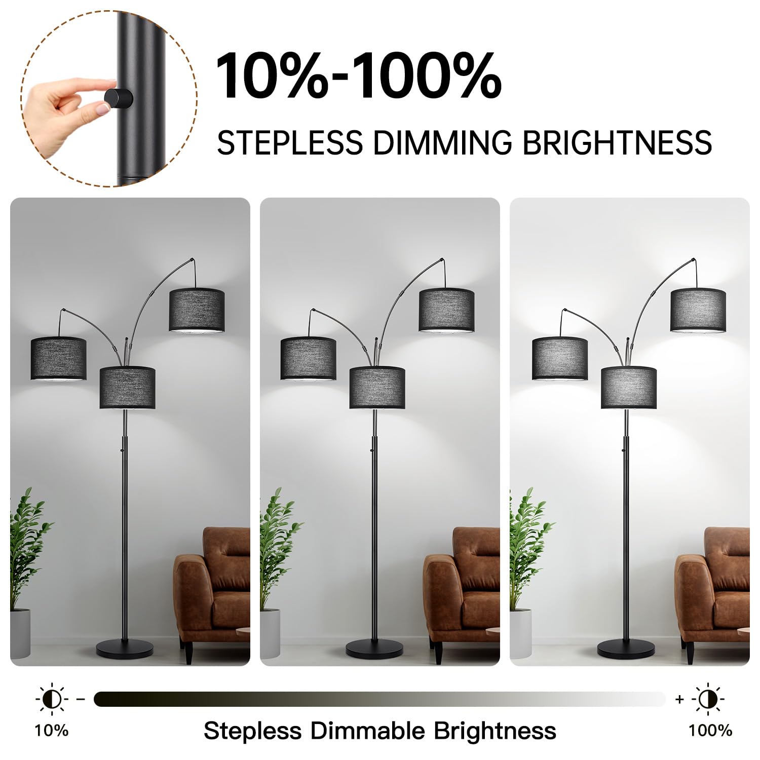 Dimmable Floor Lamp, 3 Lights Black Arc Floor Lamps For Living Room, Modern Tall Standing Tree Lamp With Black Shade & Heavy Bas