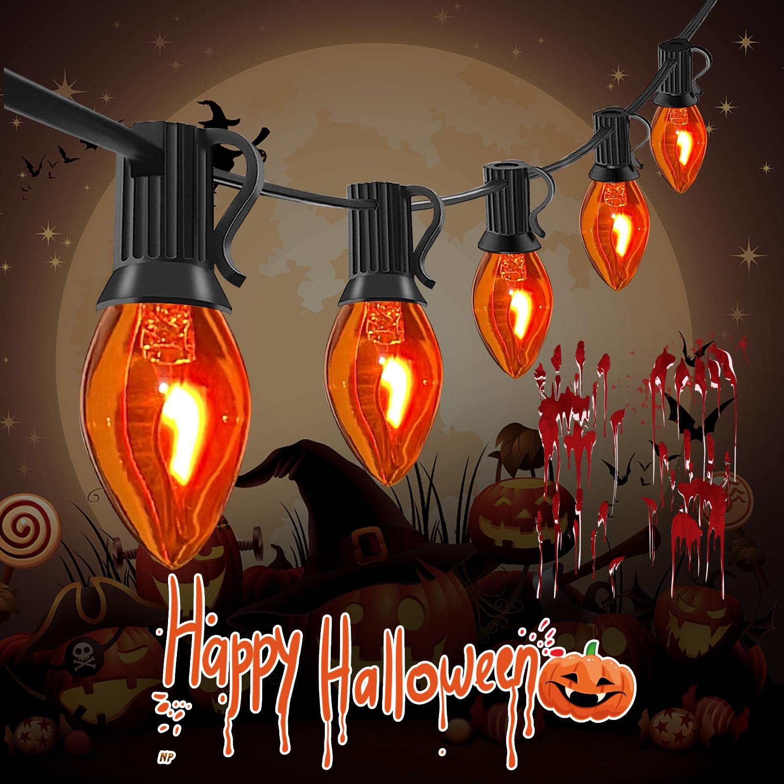 Abeja Orange Halloween Lights  25Ft Orange Flickering Lights String With 27 Flame Incandescent Blubs  Halloween Waterproof Flicker Lights For Spooky Thanksgiving Party Decor