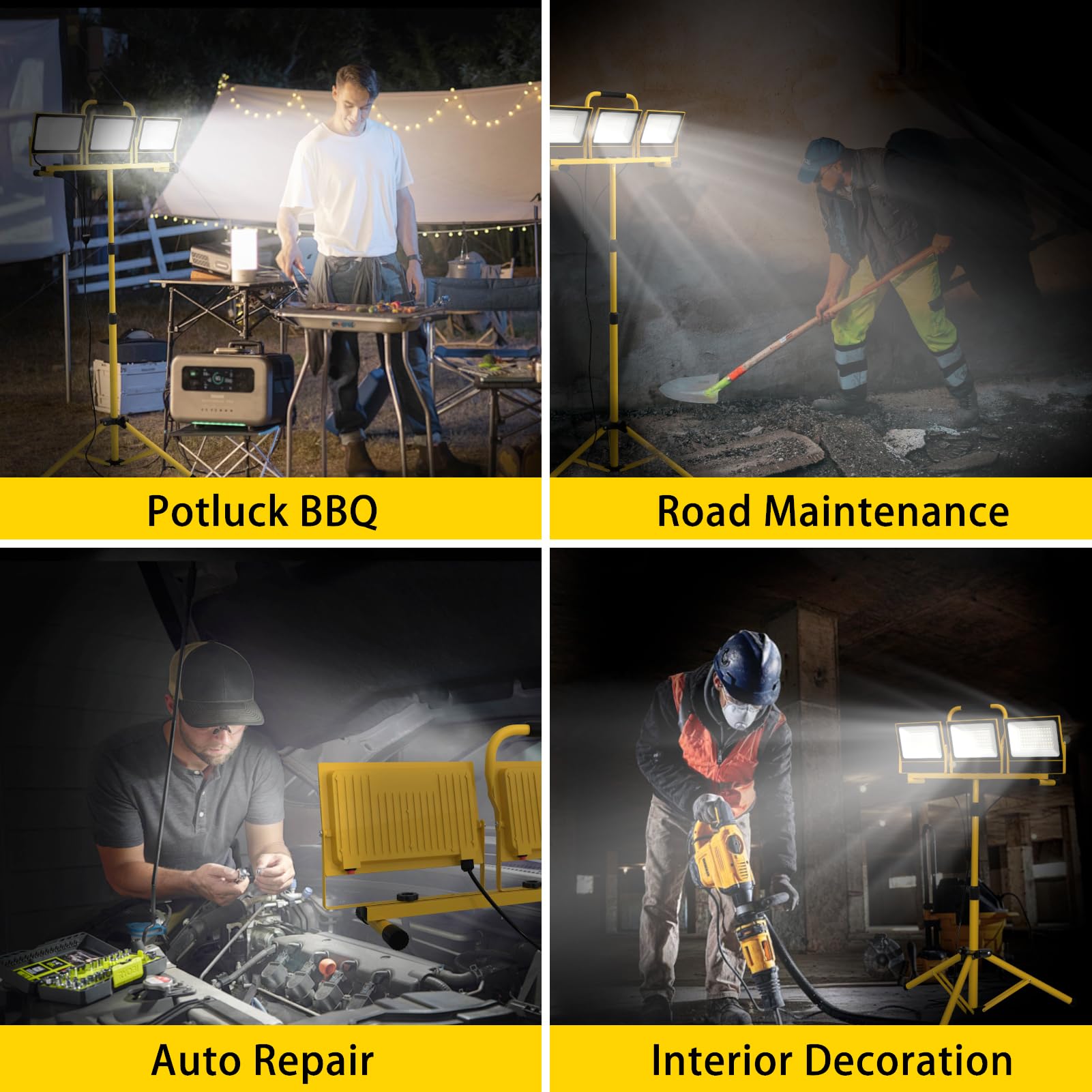 21000 Lumens Work Lights With Stand, 3 Adjustable Head Led Work Light, Waterproof Portable Lights With Individual Switch, Led Flood Light With 72 Inch Adjustable Metal Telescoping Tripod