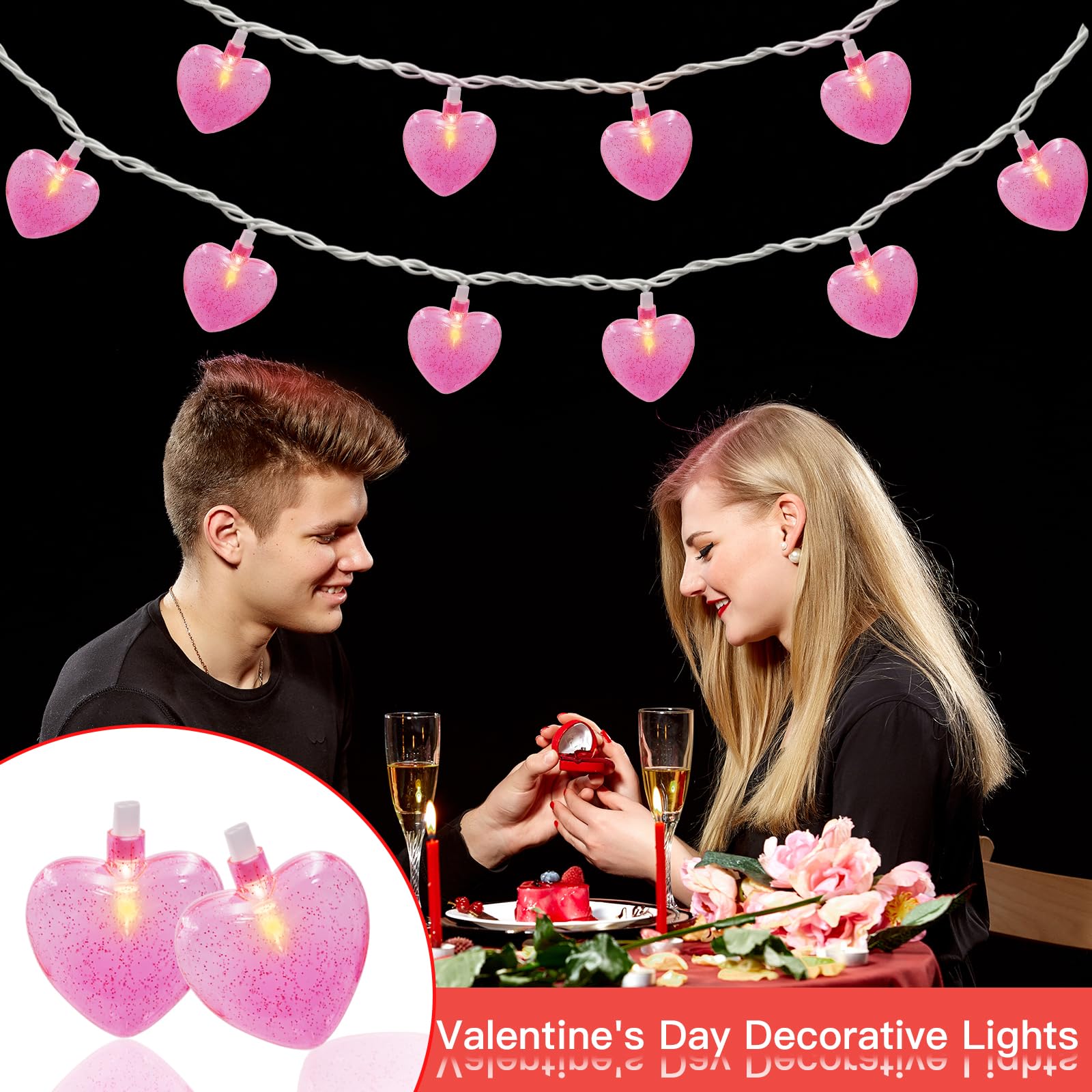 Couah Pink Heart LED String Lights - 8.5Ft Fairy Lights with 10 3D Hearts for Indoor/Outdoor Decor - Mother's Day Wedding Party Decorations