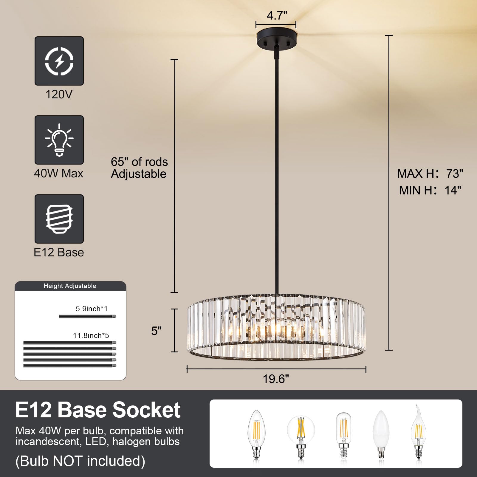 Violoemi Modern Blcak Semi Flush Mount Ceiling Light  Crystal Dining Room Chandelier Light Fixture  6-Light Drum Lighting Fixtures For Foyer Kitchen Living Room Bedroom (19.6 Inch)