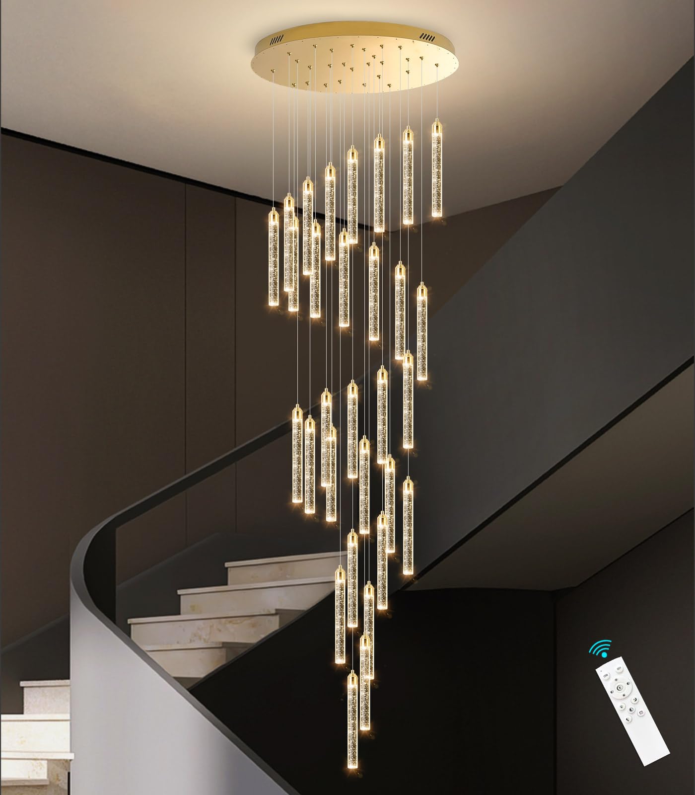 30-Lights High Ceiling Chandelier Modern LED Chandelier for Living Room Dimmable Spiral Crystal Chandelier for Entryway Staircas