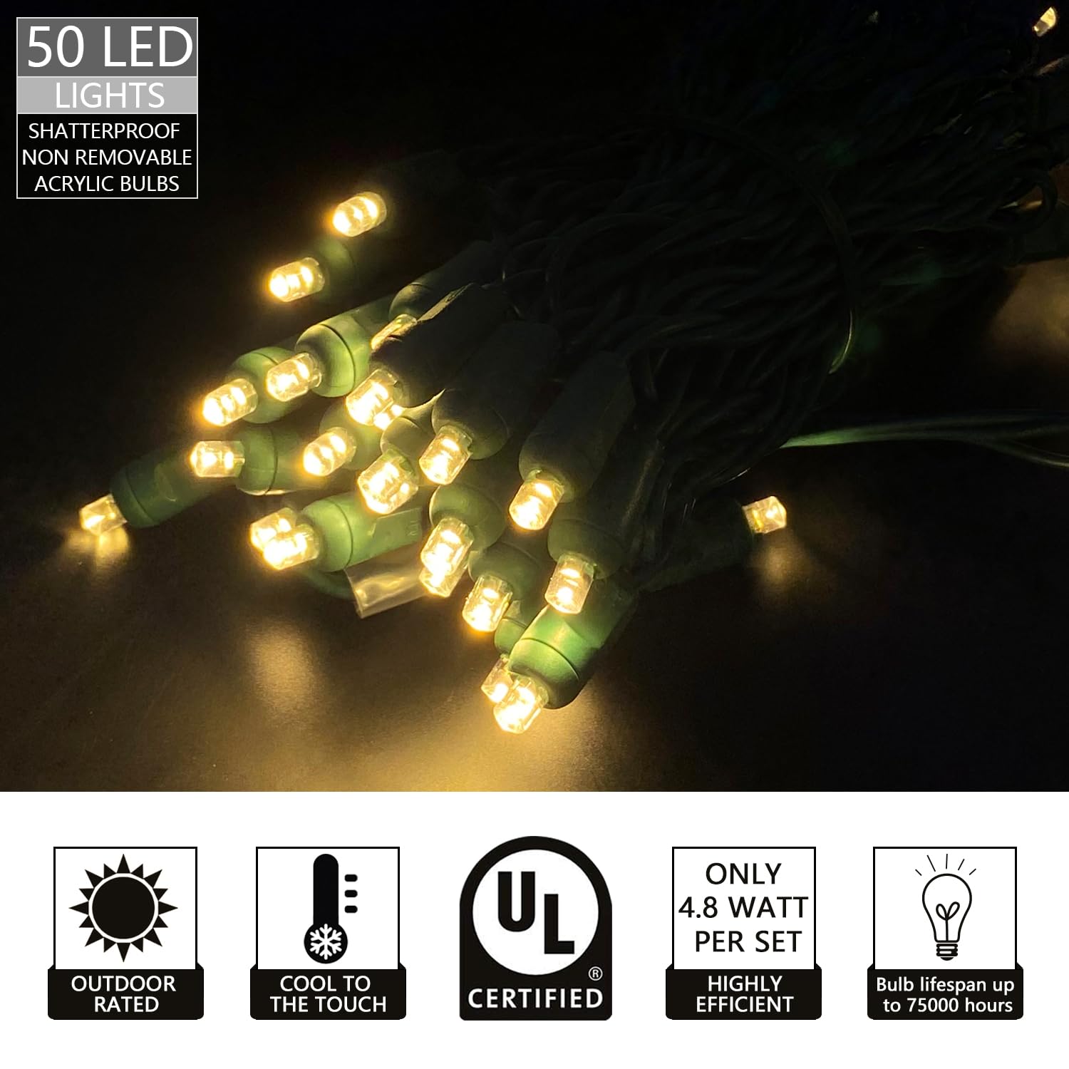 Yongzhenlite Ul Listed 50 Count 5Mm Wide Angle Led Christmas Lights Set,Outdoor Mini Led String Lights For Garden Patio Trees Lighting Decorations,17 Feet Green Wire (Warm White)