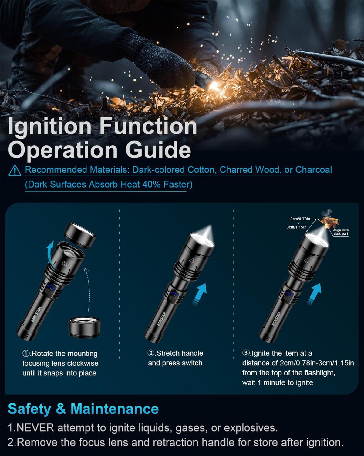 VOLISABER Flashlight 2000 High Lumens with Ignition Lens, Rechargeable Super Bright Zoomable LED Flash Light, 5 Modes Waterproof
