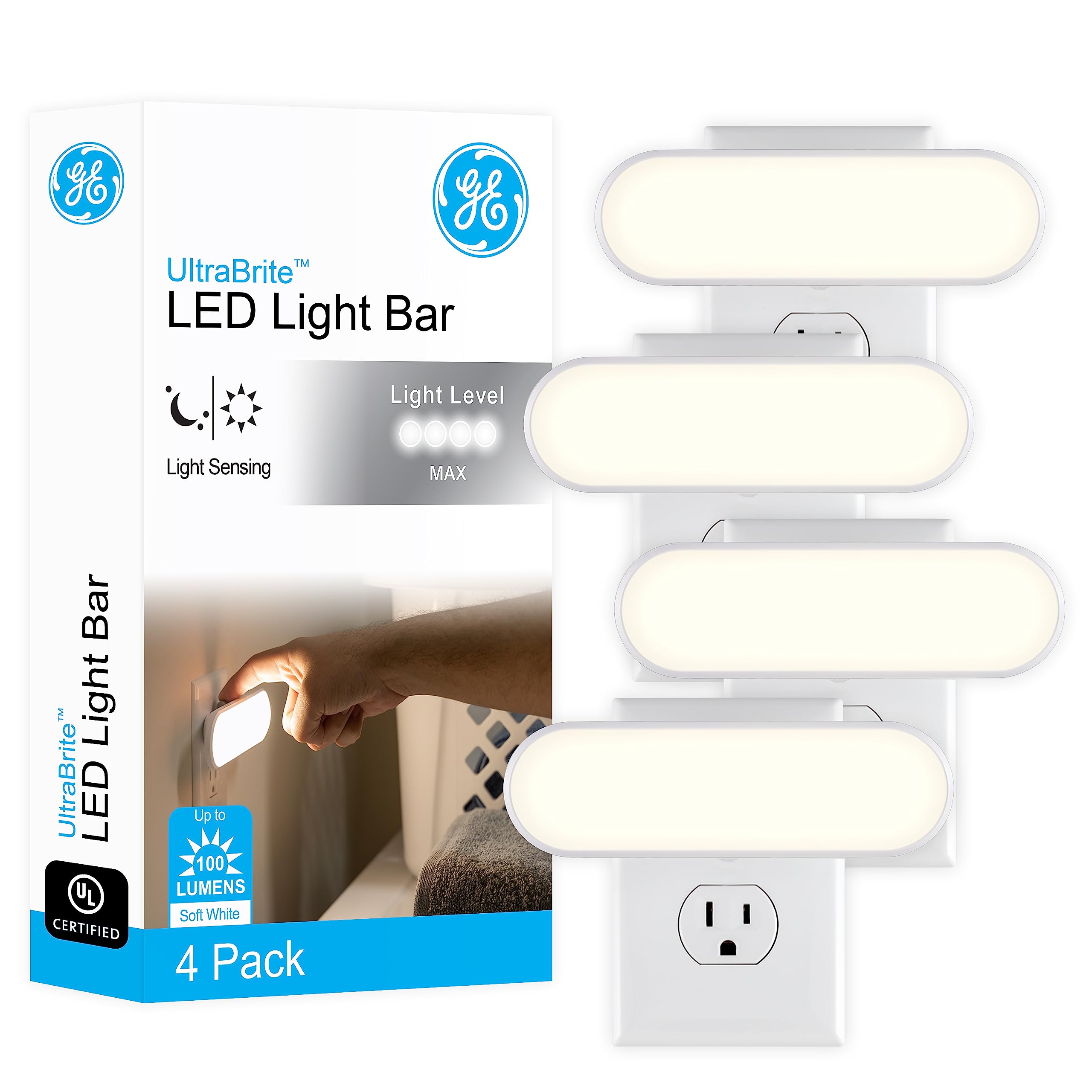 GE Ultrabrite LED Light Bar Night Light, 100 Lumens, 4 Pack, Dusk-to-Dawn Sensor, Auto/On/Off Switch, Plug-in, Ideal for Dark Sp