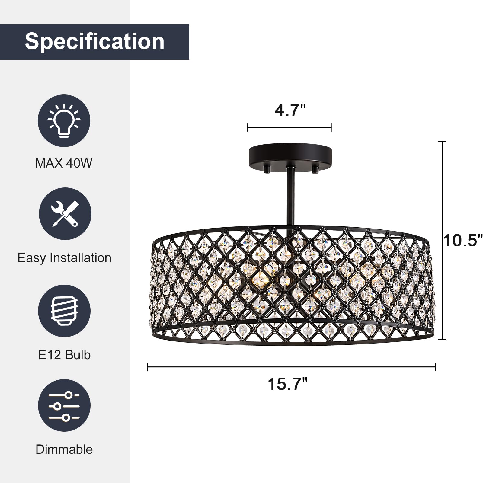 Bzvesr Black Crystal Ceiling Light Fixture Modern Semi Flush Mount Ceiling Lighting Fixture Round Small Chandelier For Dining Room  Hallway  Entryway  Kitchen  Bedroom Foyer 4 Light 15.7 Inch