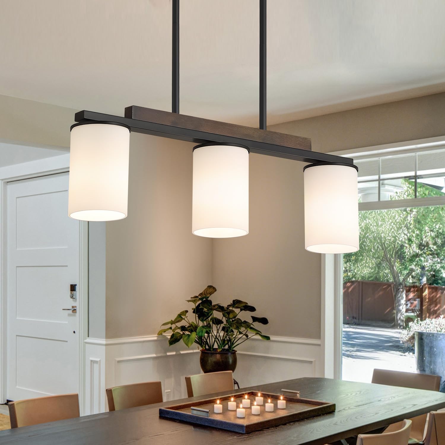 Mecgirn Farmhouse Dining Room Light Fixtures Over Table  Black Pendant Lights For Kitchen Island With Milk Glass Shade  3 Light Linear Chandelier Lighting With Wood