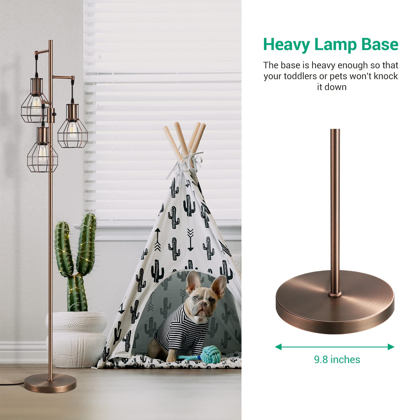 Edishine Dimmable Industrial Floor Lamp, Rustic 65In Metal Standing Light, Brown, Includes 3 Led Edison Bulbs, Perfect For Living Room/Bedroom