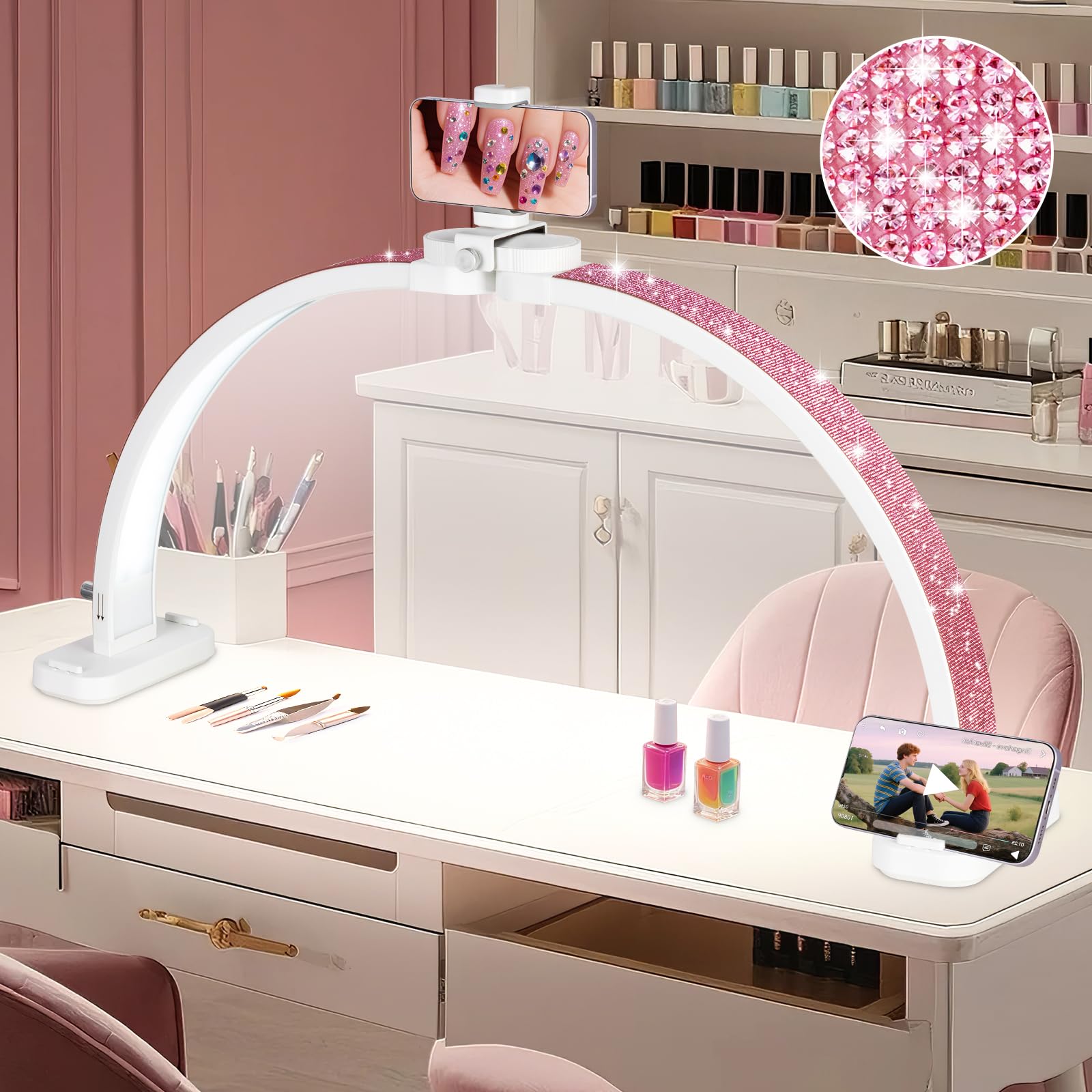 HITTI Super Large 31in Half Moon Light for Nail Desk, Foldable Arch Light for Nail Tech Lamp with Phone Stand, LED Table Lamp fo