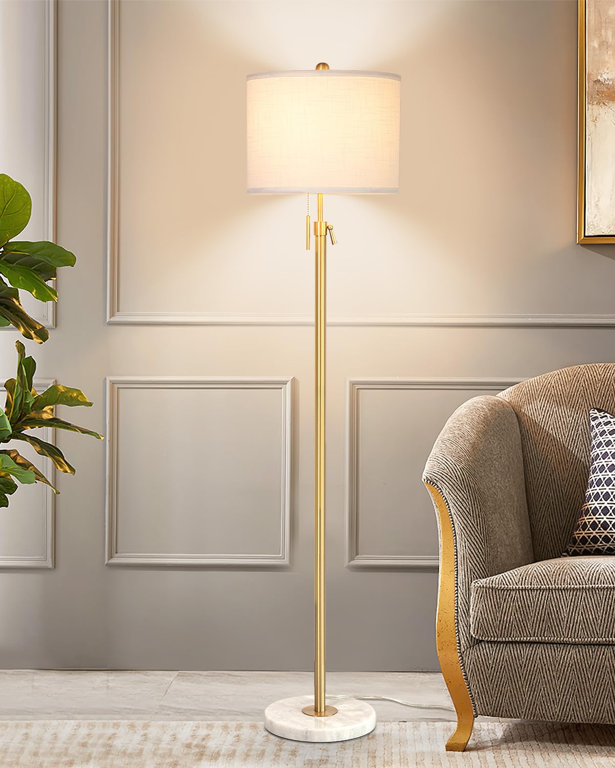 Modern Floor Lamp for Living Room, Adjustable Height Standing Lamp with Marble Base, 3-Way Dimmable Gold Brass Tall Pole Light w