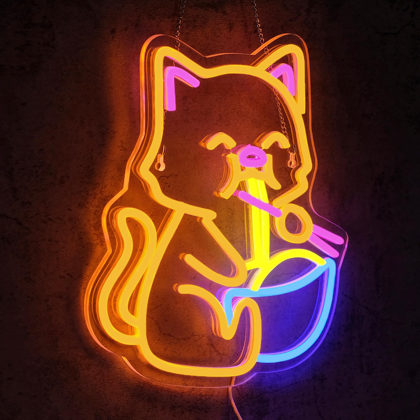 Virlusy Cat Ramen Neon Sign - Dimmable LED Wall Decor, Medium Acrylic, Yellow & Blue, Model YL-Cat, USB Powered for Home & Bar