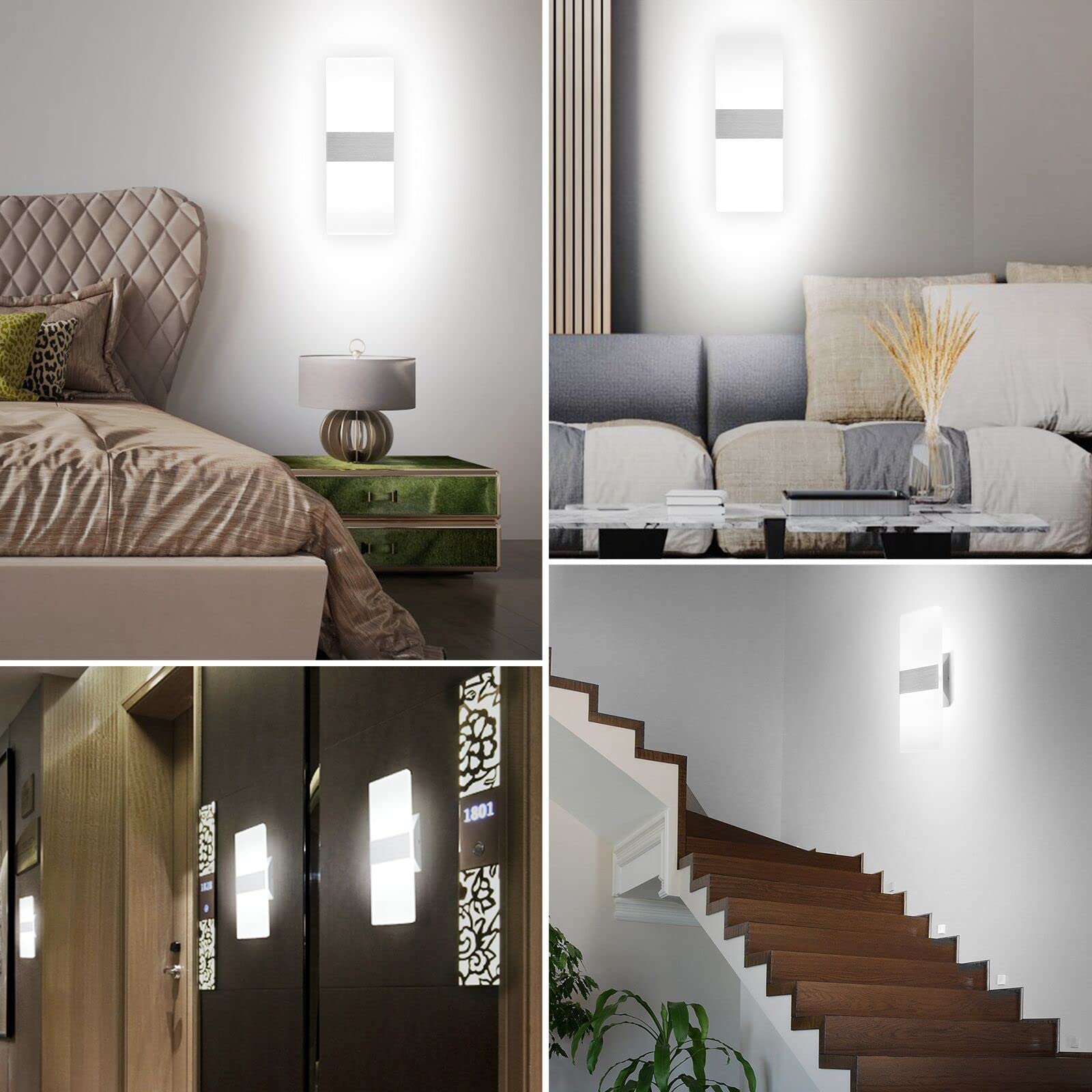 TRLIFE Modern Wall Sconces Set of 2, Dimmable 12W 6000K Cool White Hardwired Lighting, Silver Brushed Aluminum for Bedroom & Living Room