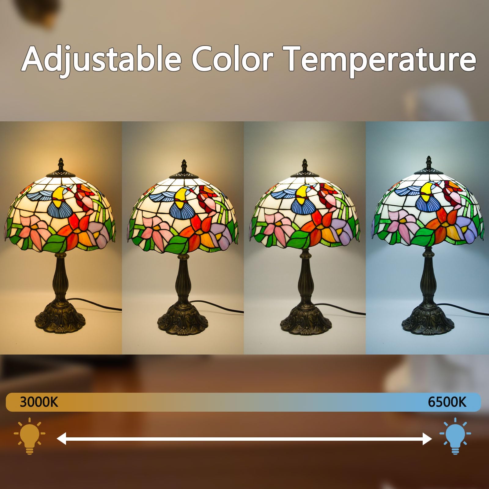 Crefotu 12 Inch Tiffany Table Lamp, Stained Glass, Remote Control, Dimmable Brightness, Hummingbird, Model CFLP-0003