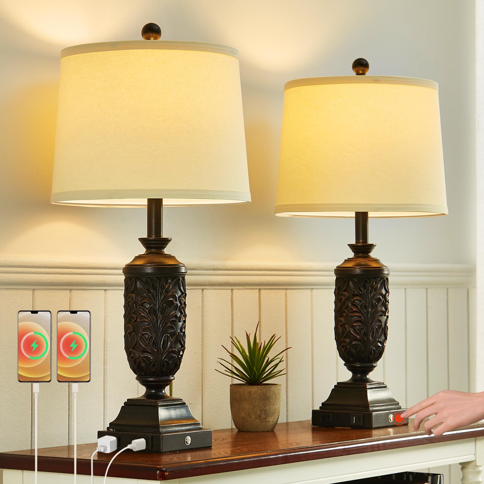 SAIWEYA 26.5in Farmhouse Table Lamp Set of 2, 3-Way Dimmable, Black, Resin, Model TM-T05