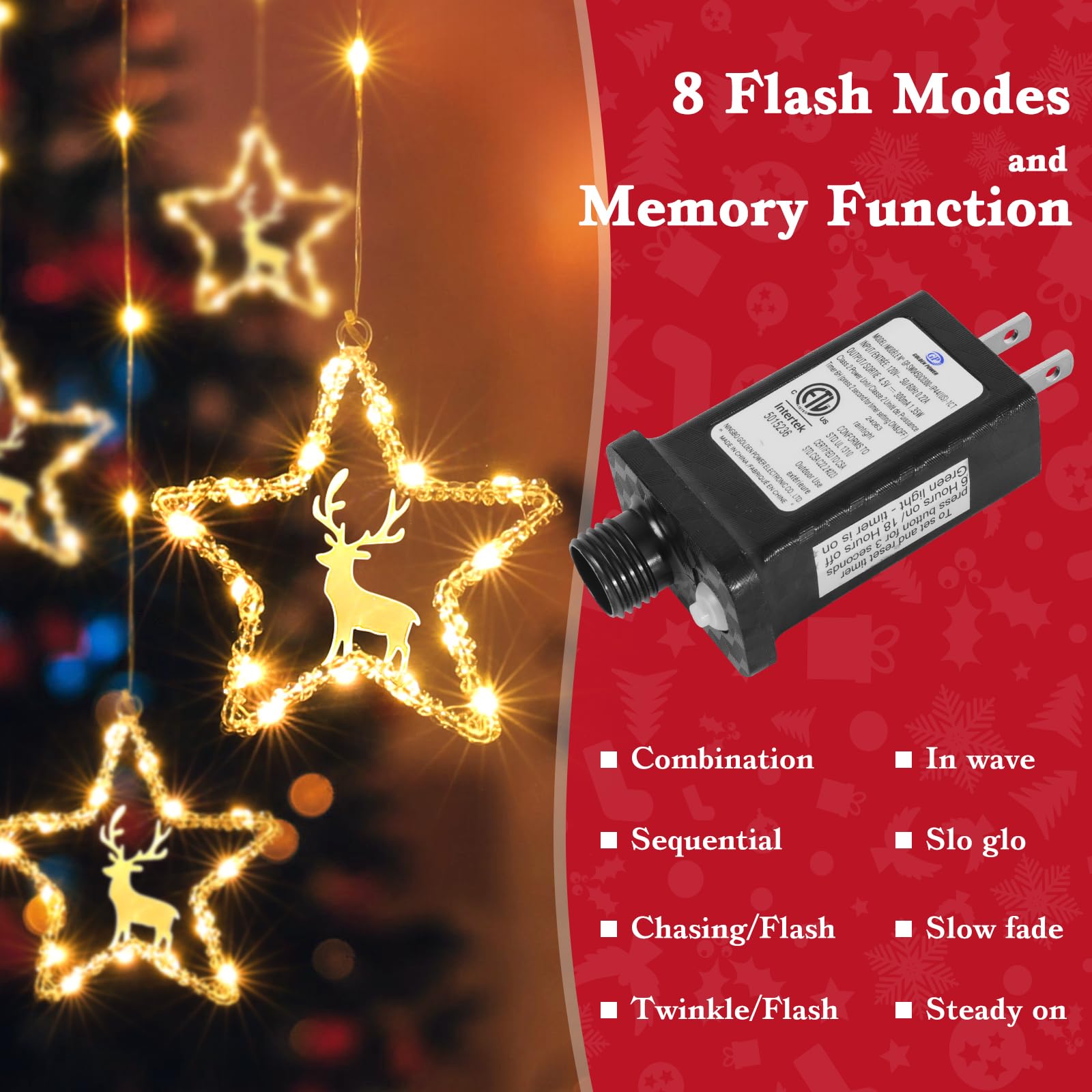 Marchpower Star Curtain Lights, 5 Stars 94 Led Window Curtain String Lights Plug In Christmas Reindeer Star Decoration With 8 Flash Modes Decoration For Indoor, Outdoor Home Holiday,Warm White