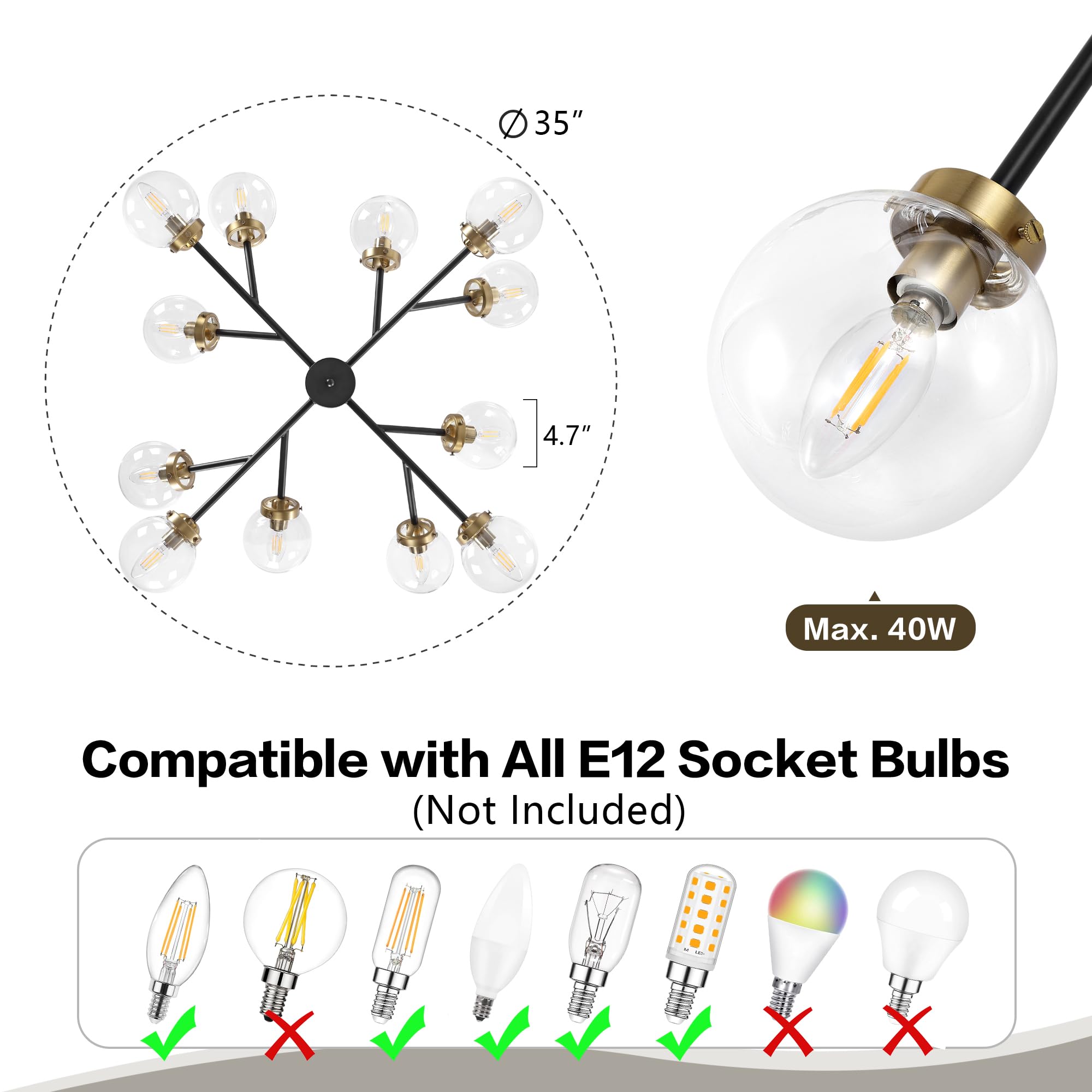 Wingbo 12-Light Sputnik Chandelier, Modern Pendant Light Fixture With 4.7" Clear Glass Globe Shade For Flat And Slop Ceiling, Height Adjustable For Kitchen Living Room Dining Room Bedroom, Black