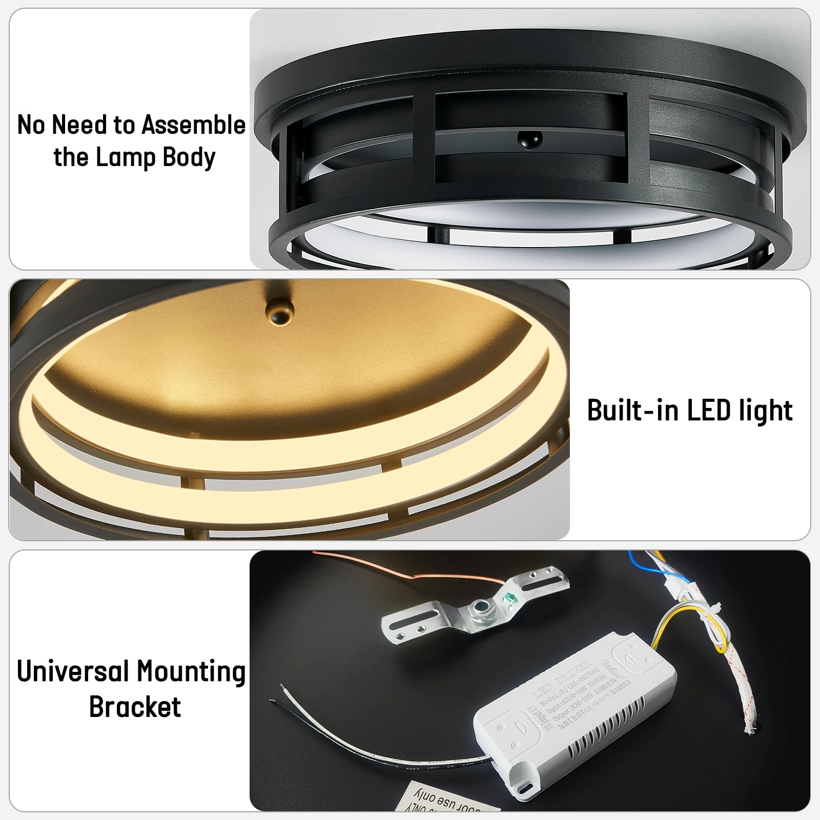 ZHU YAN LED Flush Mount Ceiling Light Fixture, 13in, Black, 3 Color Selectable, Model D0908, 2 Pack