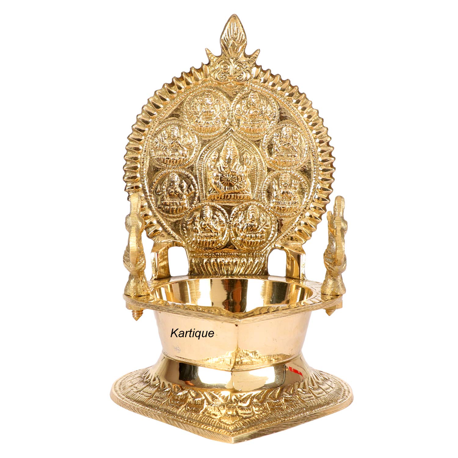 Kartique Brass Ganesh Diya with Intricate Carvings of Laxmi ji- 7 Inch Height, Antique Gold Finish Oil Lamp for Home Dcor, Pooja