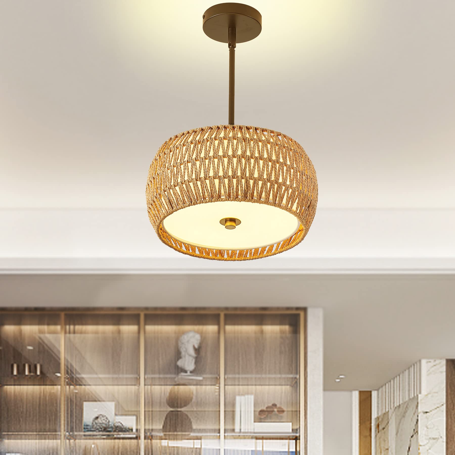 Giutna Rattan Farmhouse Chandelier Light Fixtures, 3-Light Rattan Pendant Light, Boho Ceiling Light Fixture Flush Mount,Woven Ch