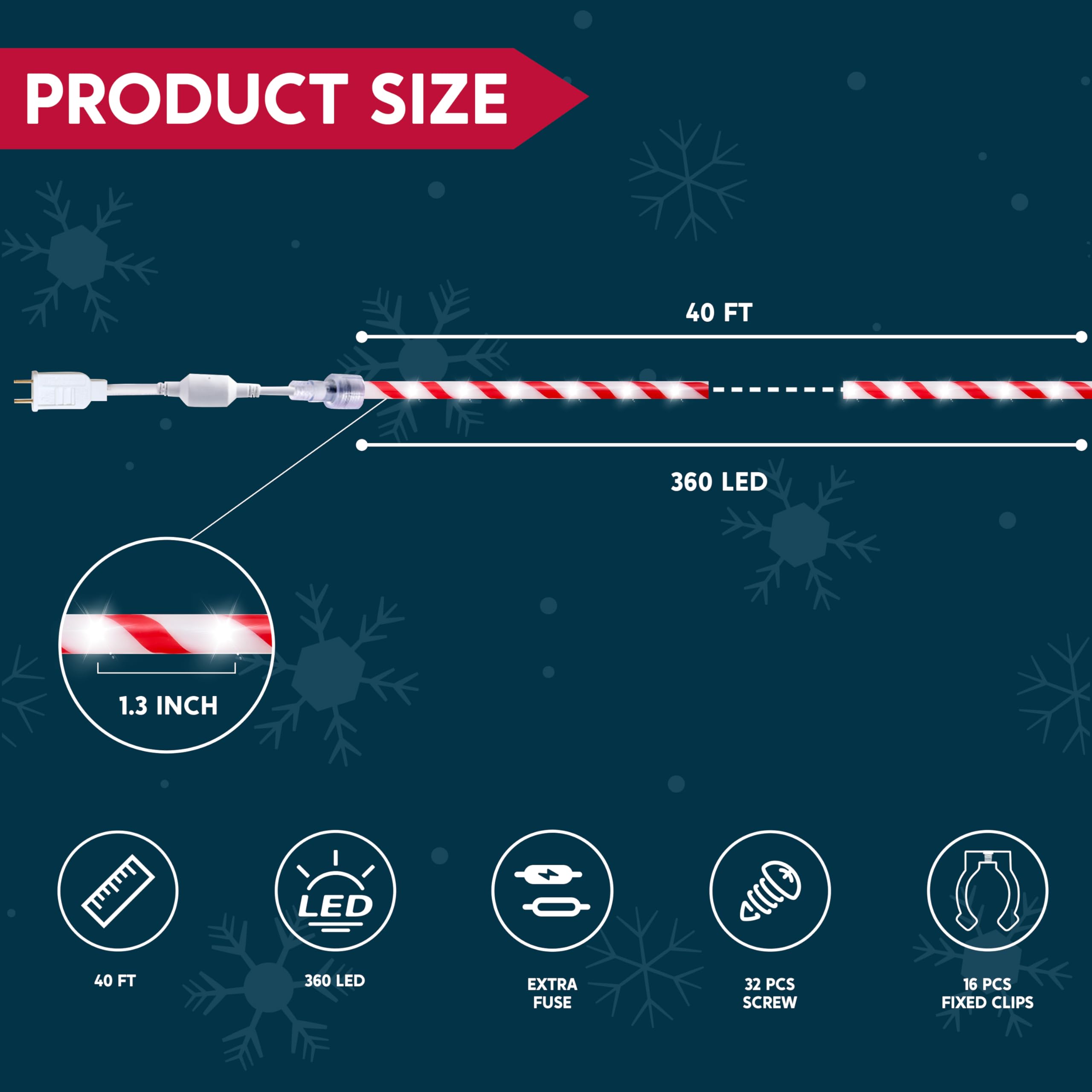 Joiedomi LED Candy Cane Rope Lights, 40FT Waterproof Christmas Decor, Red & Cool White, Model GVL-13-360/10F