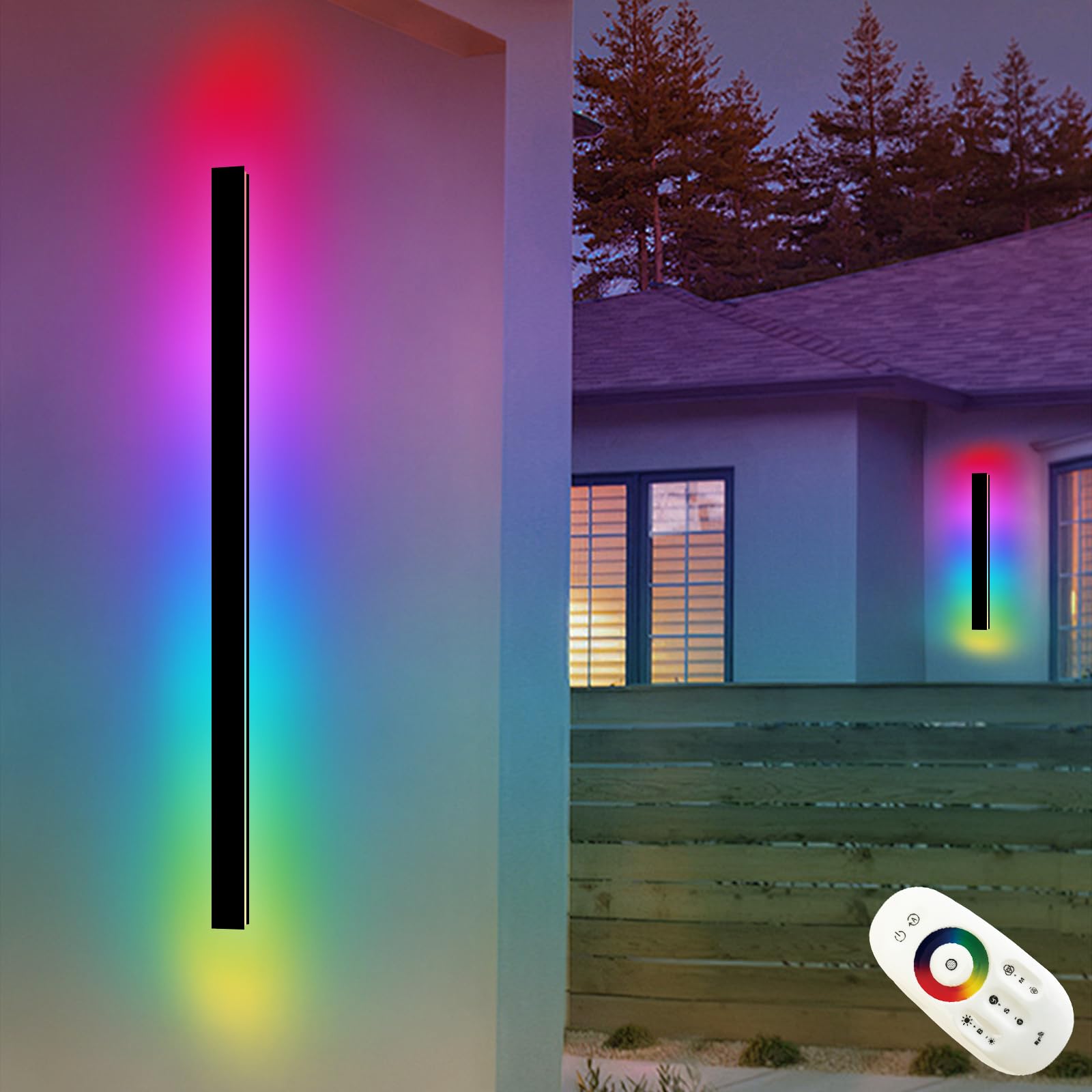 NKJORTPPL 2 Pack 92.5 Modern Outdoor LED Wall Lights for House, Black Exterior RGB Wall Sconce, Linear Long Strip Waterproof Out