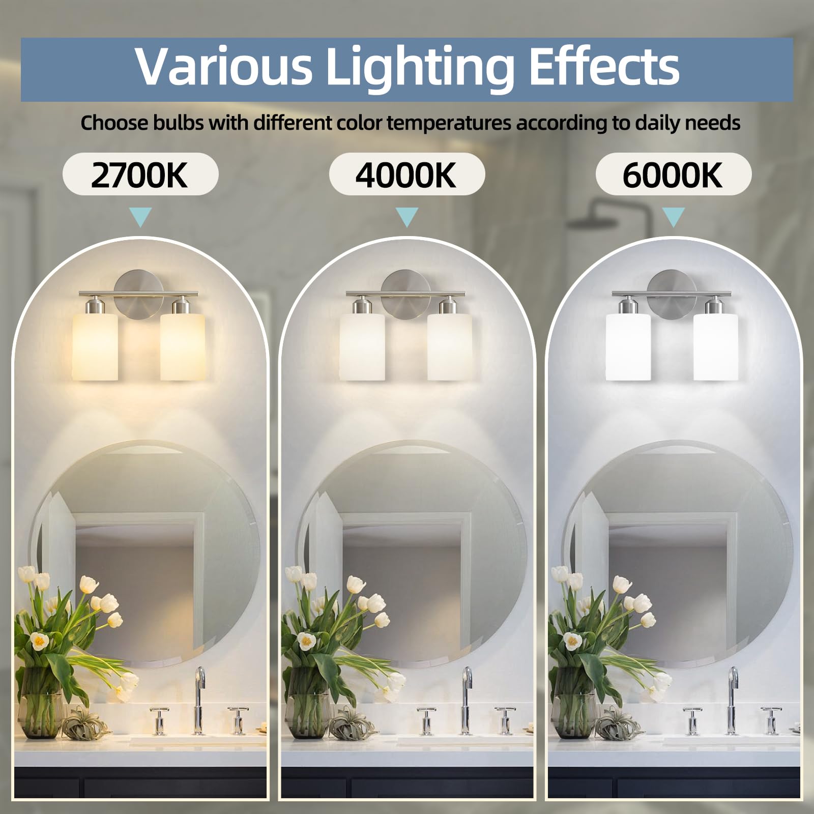 Seable Brushed Nickel Wall Sconces Set Of Two, 2-Light Modern Bathroom Light Fixtures, Wall Lamp With Milky White Frosted Glass