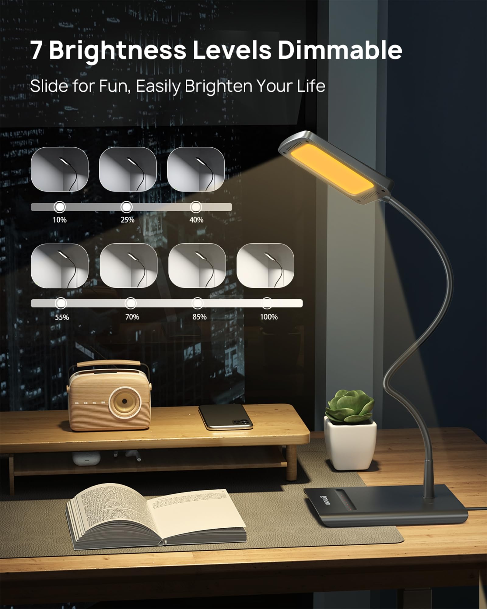 TROND Desk Lamp - Bright Dimmable Eye-Caring LED Light, 7 Brightness Levels, 3 Color Modes, Black, Flexible Gooseneck, Model Halo 10W