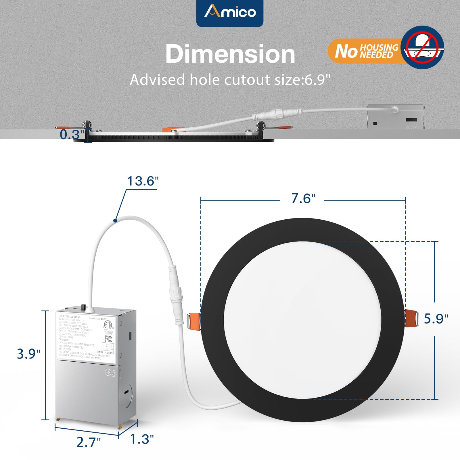 Amico 12 Pack 7 Inch Ultra-Thin Dimmable LED Recessed Ceiling Light, 5CCT Selectable, 1300LM Brightness, Black, Model HS-STC